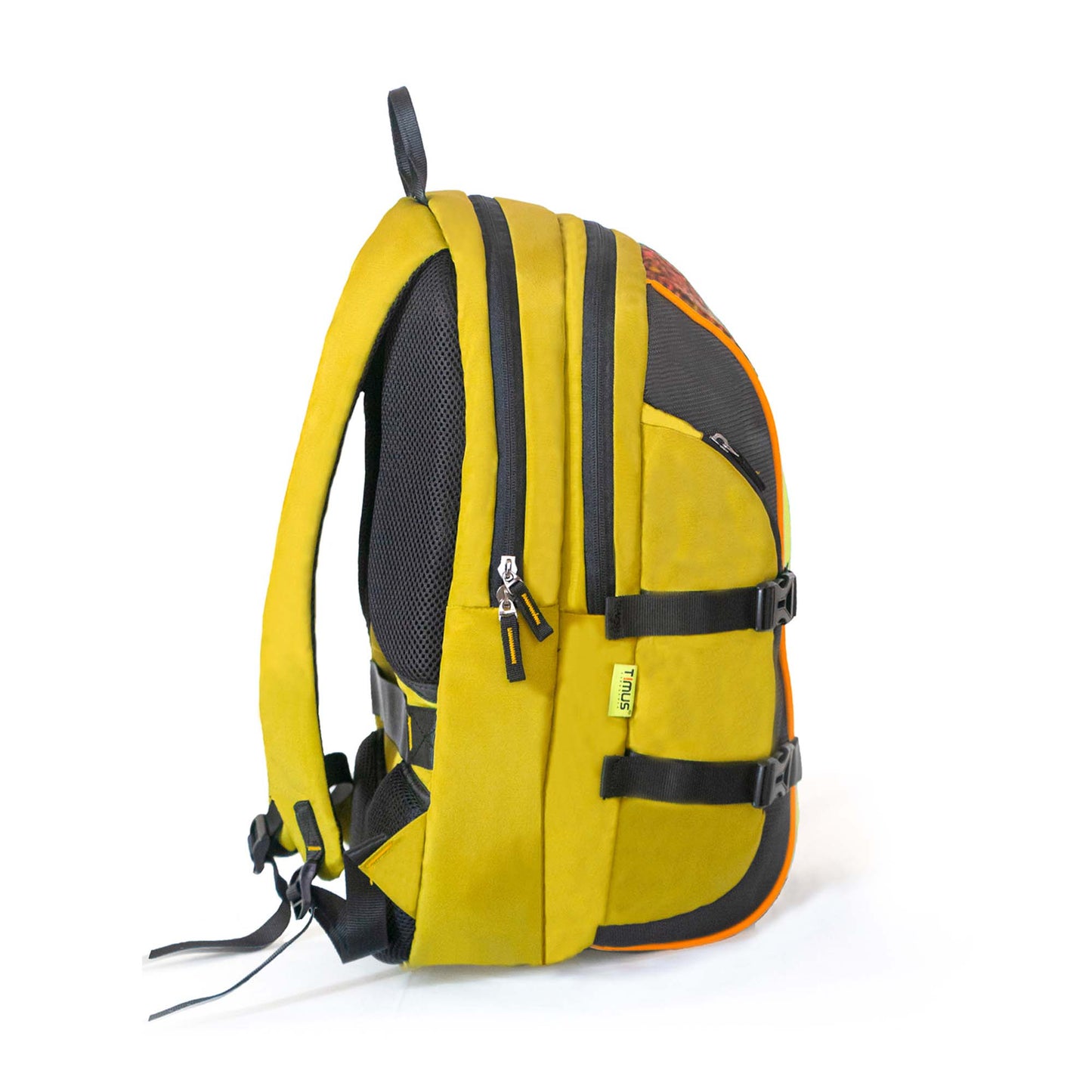 Right side view of yellow Here I Am backpack showing black adjustable straps with side compression buckles, padded shoulder straps, and mesh back panel.