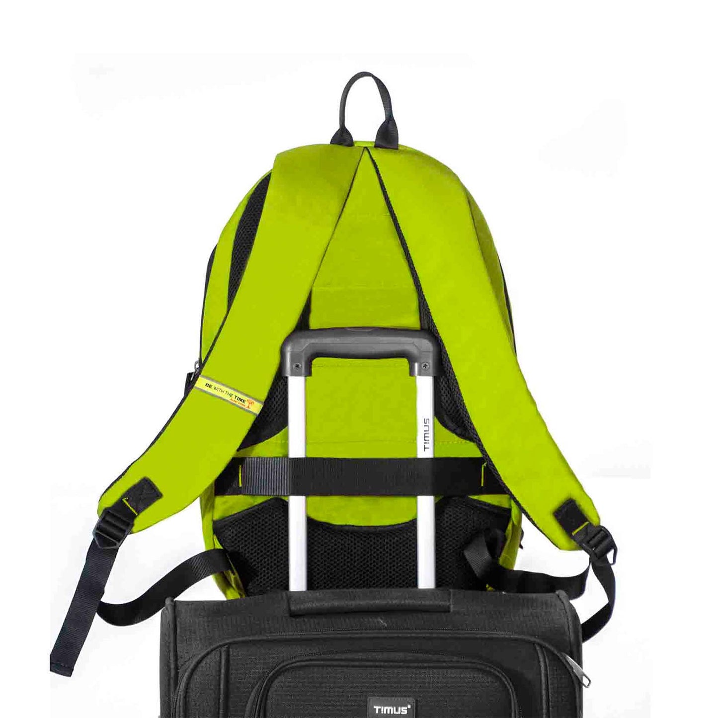 Timus Here I Am Backpack in green color securely attached to a trolley suitcase using the built-in luggage strap, showcasing travel-friendly design.