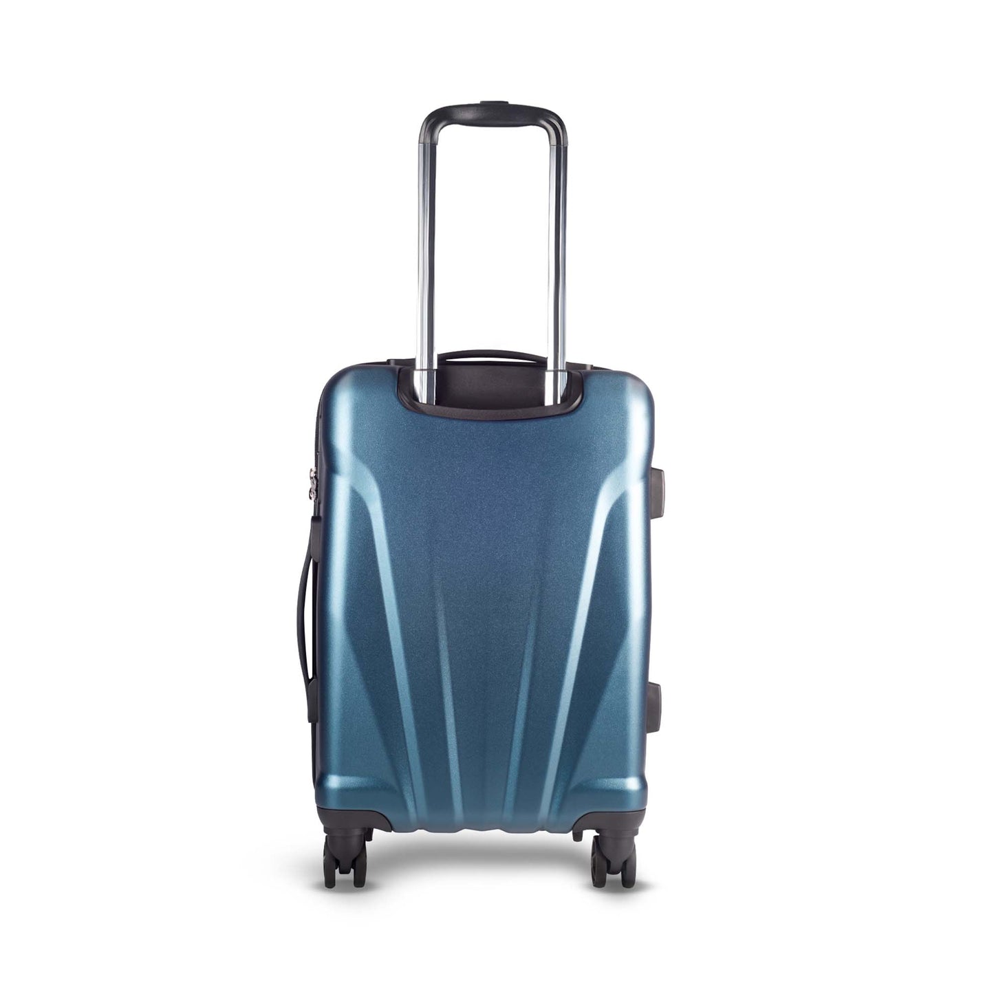 Timus Leolite blue trolley bag backside view featuring aluminium push button trolley handle, hard textured finish, and smooth silent spinner wheels.