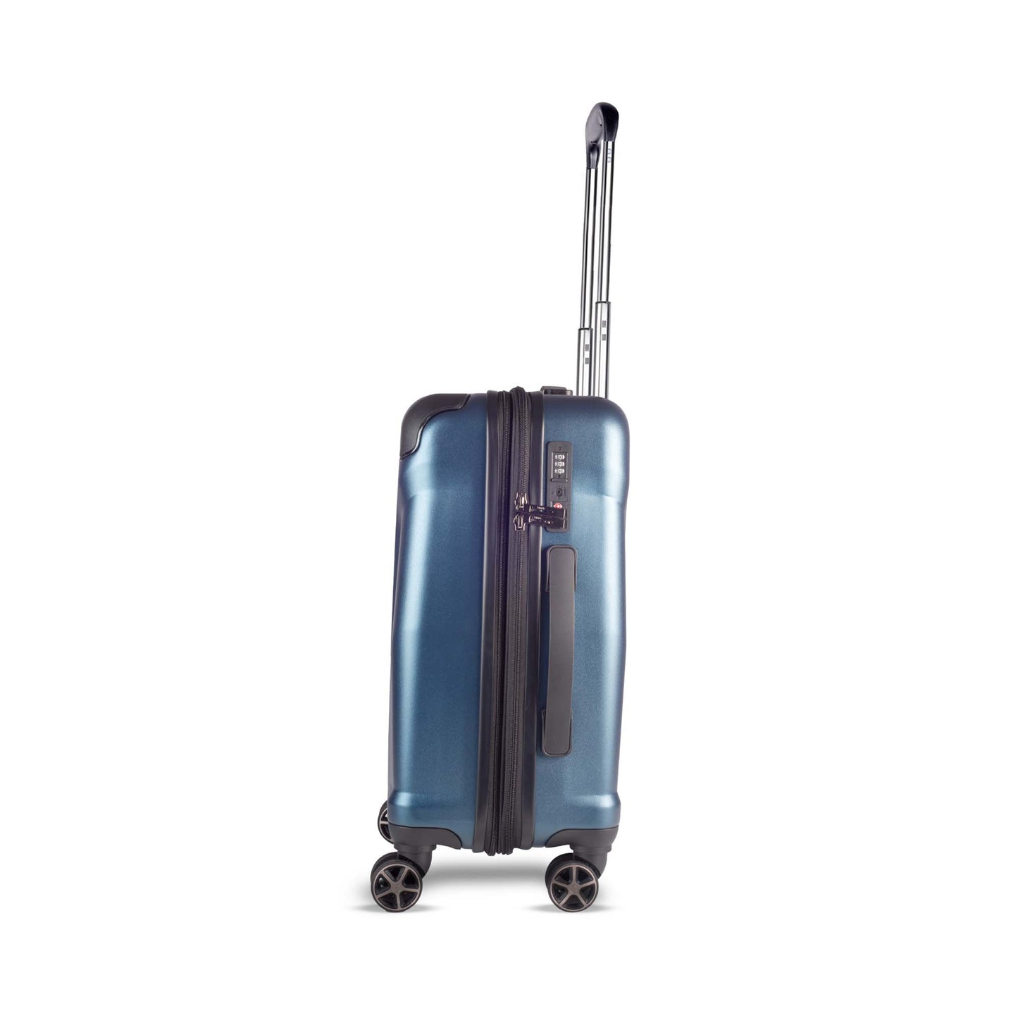 Timus Leolite blue trolley bag left side view showing aluminium push button trolley handle, expandable zipper, side handle, TSA lock, protective corner guards, and silent spinner wheels.