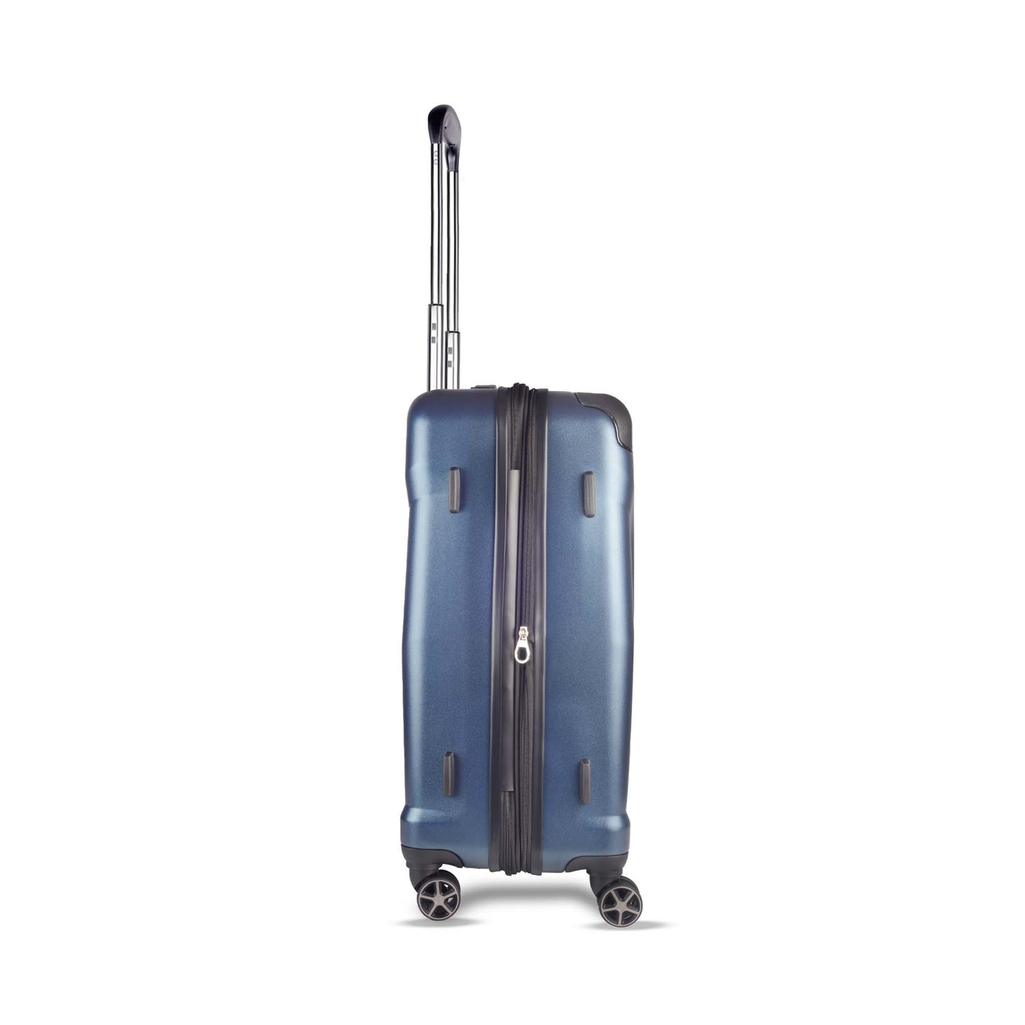 Timus Leolite blue trolley bag right side view showing aluminium push button trolley handle, expandable zipper, protective side lugs, and silent spinner wheels