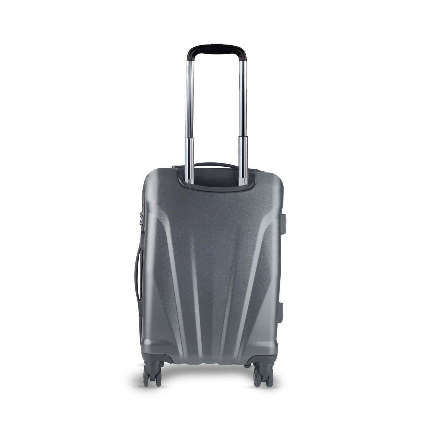 Timus Leolite grey trolley bag backside view featuring aluminium push button trolley handle, hard textured finish, and smooth silent spinner wheels.