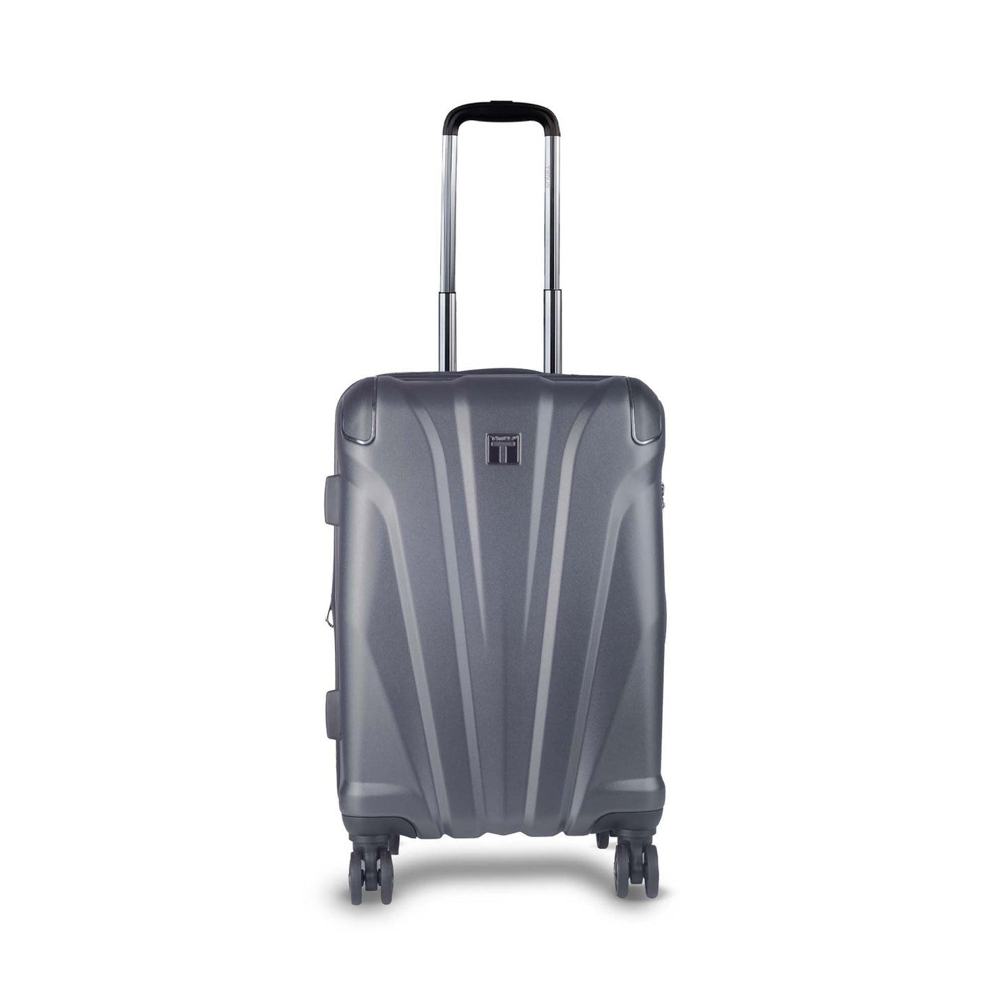 Timus Leolite grey trolley bag front view with aluminium push button trolley handle, protective corners and silent spinner wheels