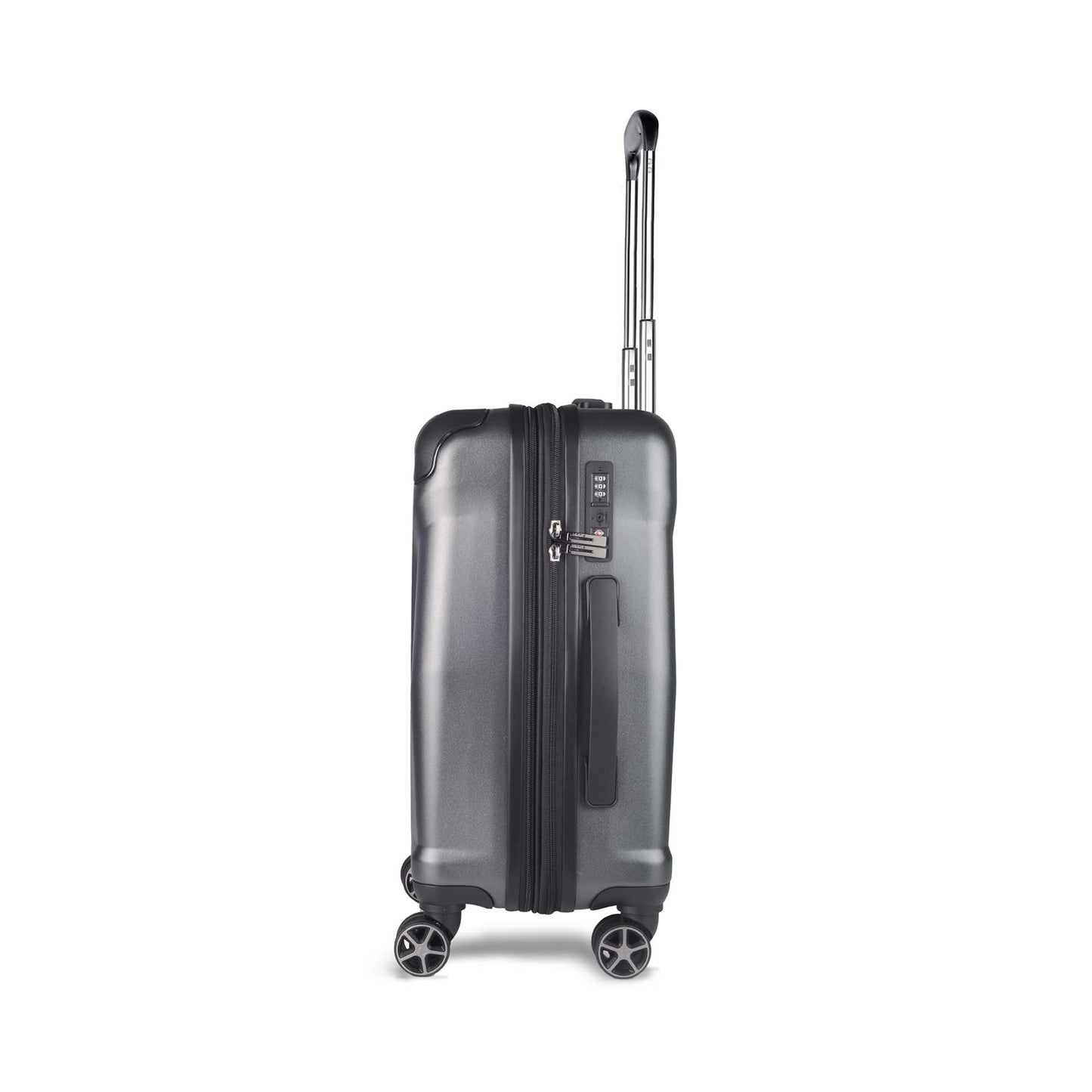 Timus Leolite grey trolley bag left side view showing aluminium push button trolley handle, expandable zipper, side handle, TSA lock, protective corner guards, and silent spinner wheels
