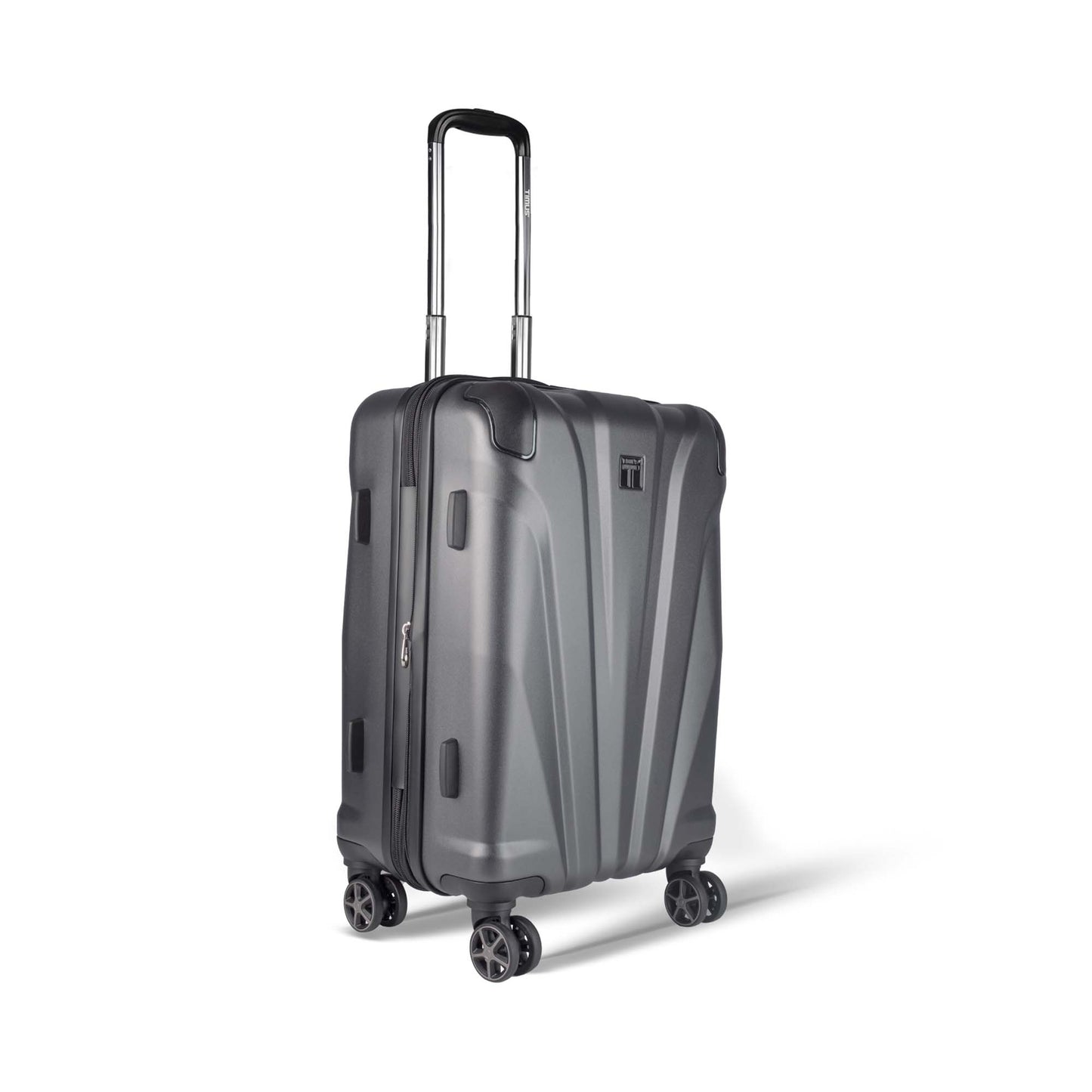 Timus Leolite grey trolley bag right side angled view showing aluminium push button trolley handle, expandable zipper, protective side lugs, corner guards, and silent spinner wheels