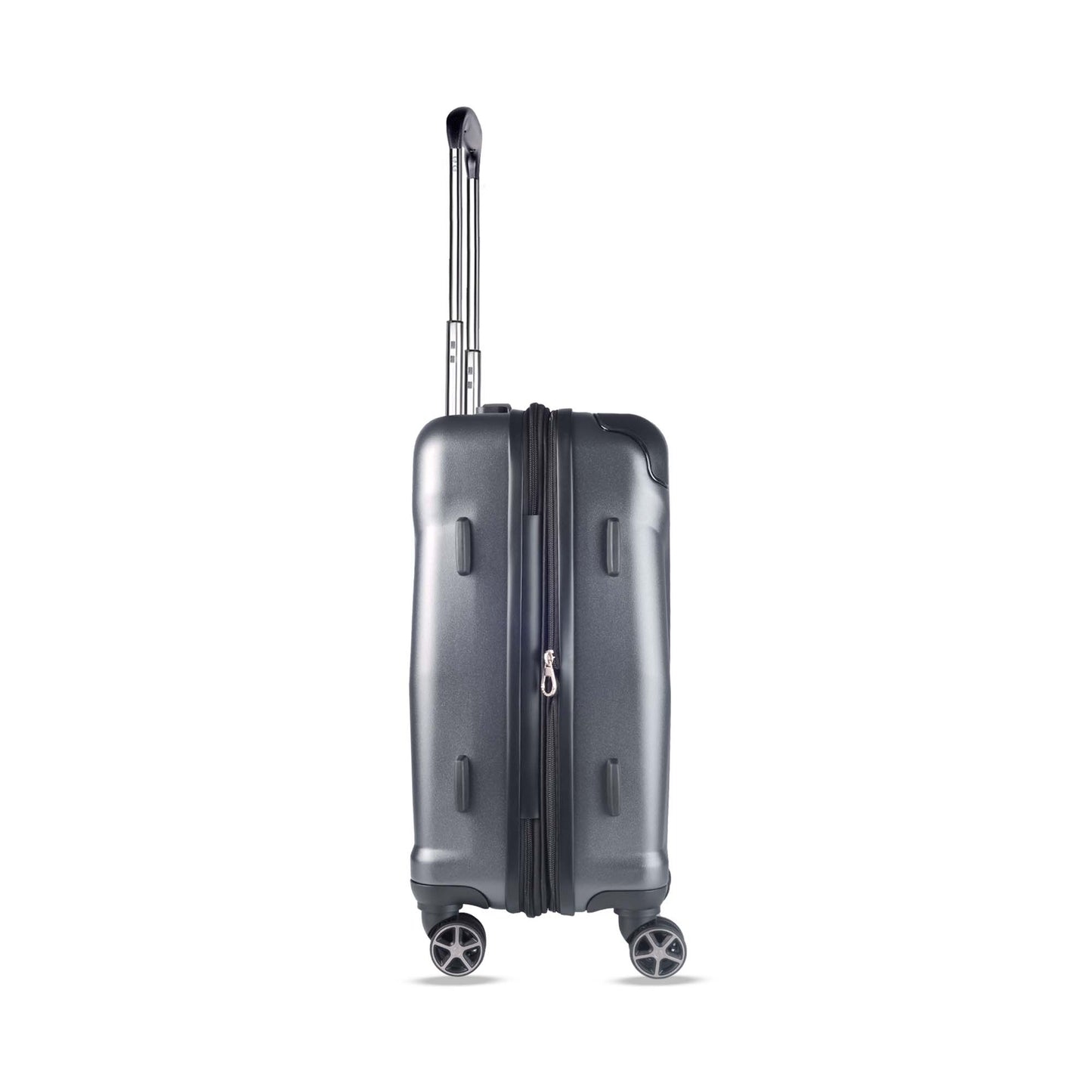 Timus Leolite grey trolley bag right side view showing aluminium push button trolley handle, expandable zipper, protective side lugs, and silent spinner wheels