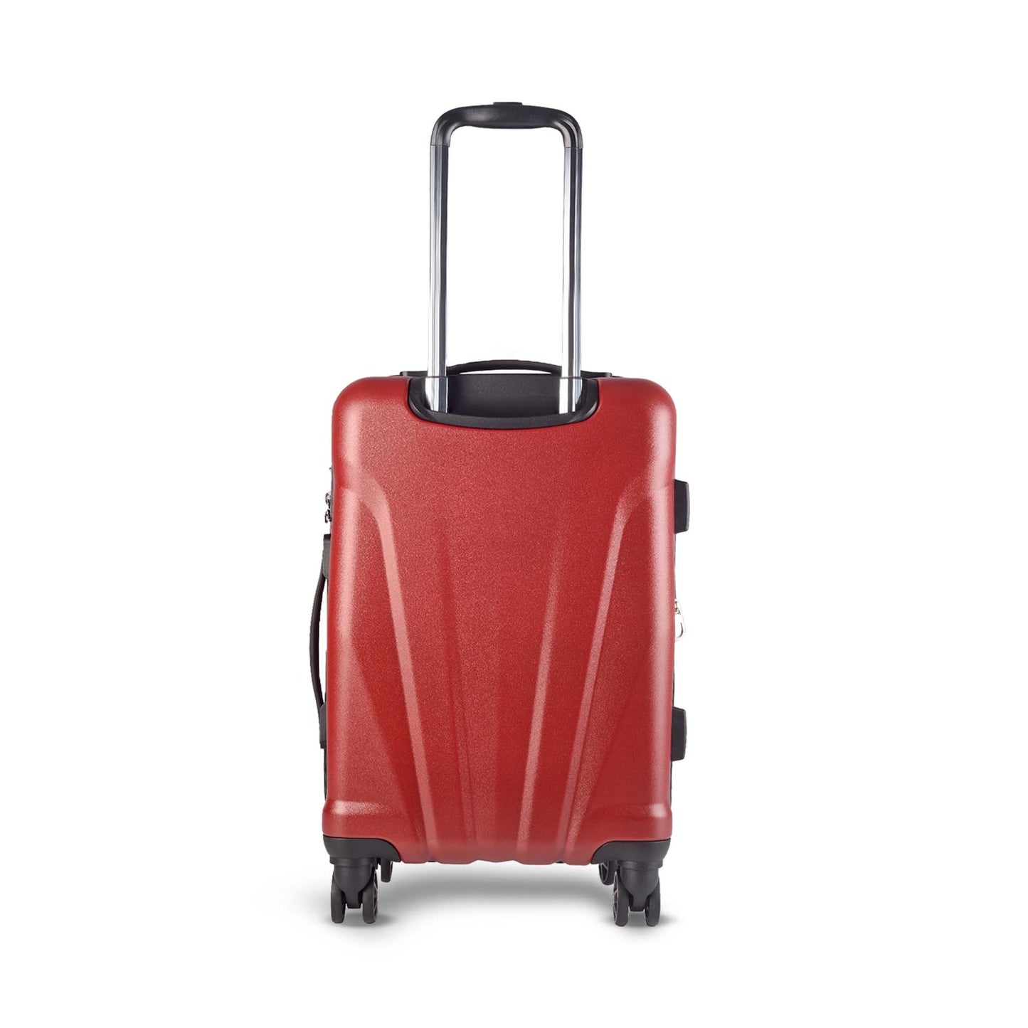 Timus Leolite red trolley bag backside view featuring aluminium push button trolley handle, hard textured finish, and smooth silent spinner wheels.