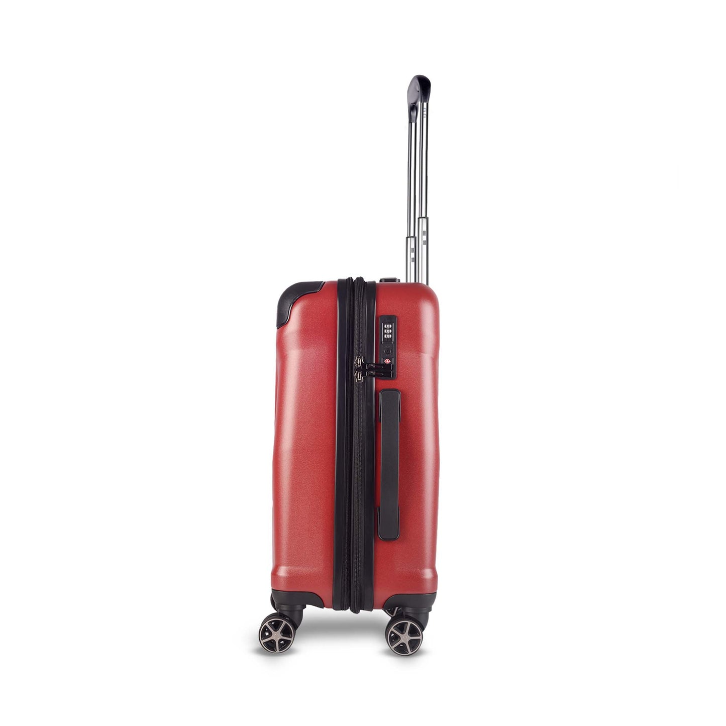 Timus Leolite red trolley bag left side view showing aluminium push button trolley handle, expandable zipper, side handle, TSA approved lock, protective corner guards, and silent spinner wheels.