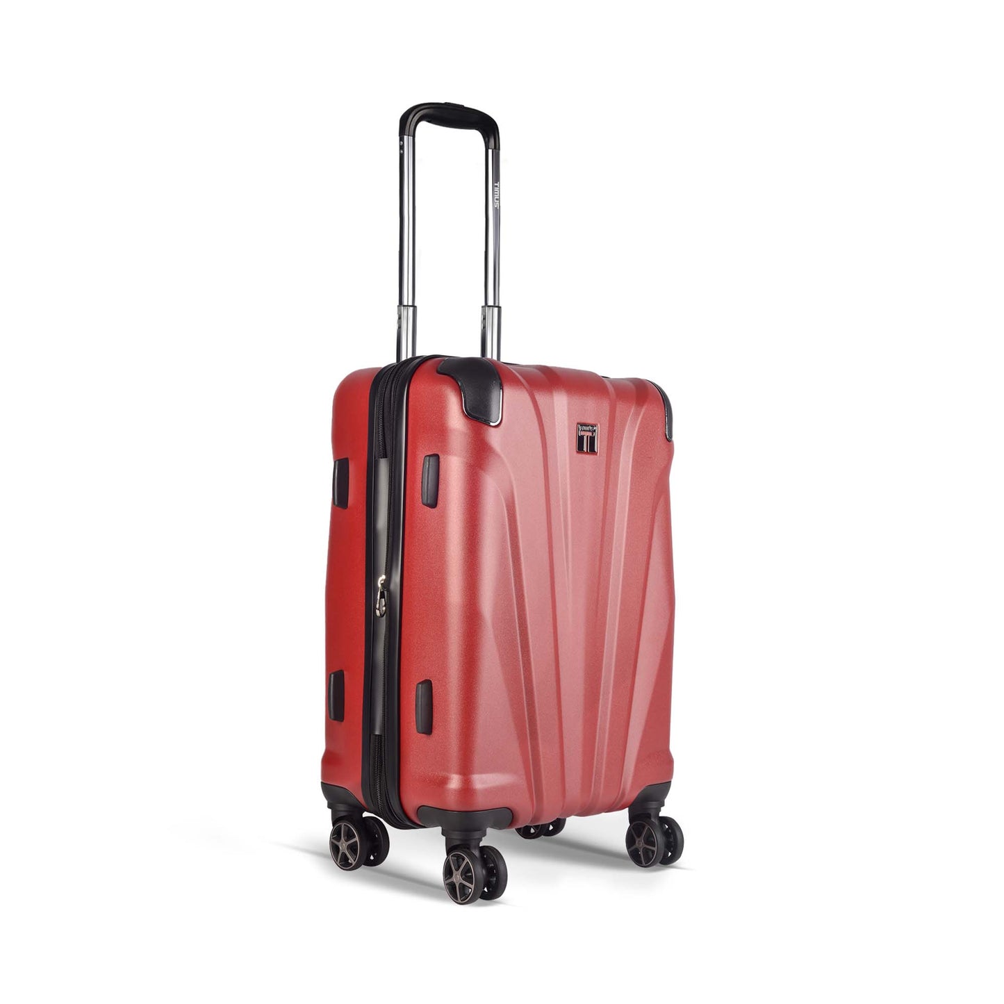 Timus Leolite red trolley bag right side angled view showing aluminium push button trolley handle, expandable zipper, protective side lugs, corner guards, and silent spinner wheels.