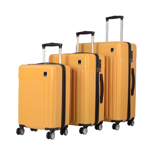 Set of 3 Timus Neolite yellow trolley bags in cabin (58 cm), medium (68 cm), and large (78 cm) check-in sizes with hard polycarbonate shell, TSA lock, telescopic handles, and 360° double spinner wheels.