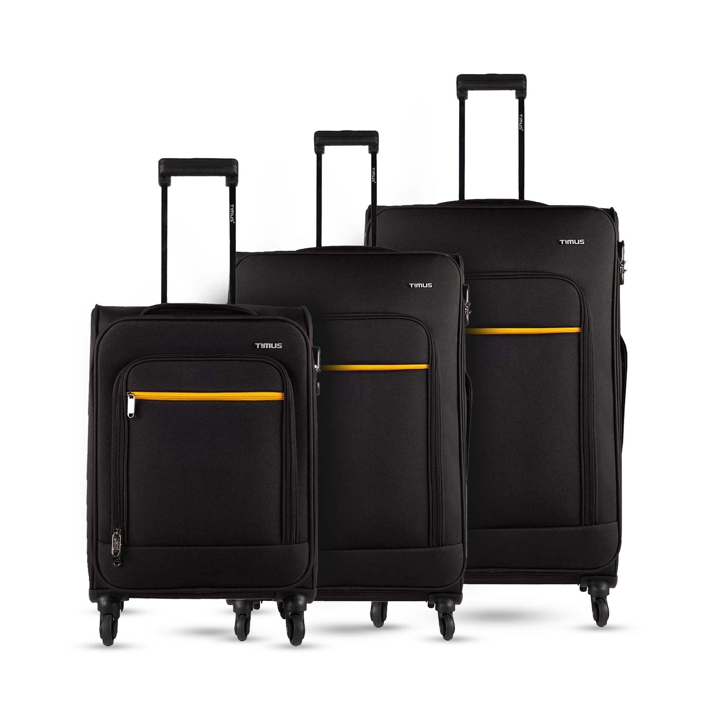 Set of three Nexon black soft luggage bags in 58 cm, 68 cm, and 78 cm sizes with yellow zipper accents, telescopic trolley handles, and 360-degree spinner wheels.