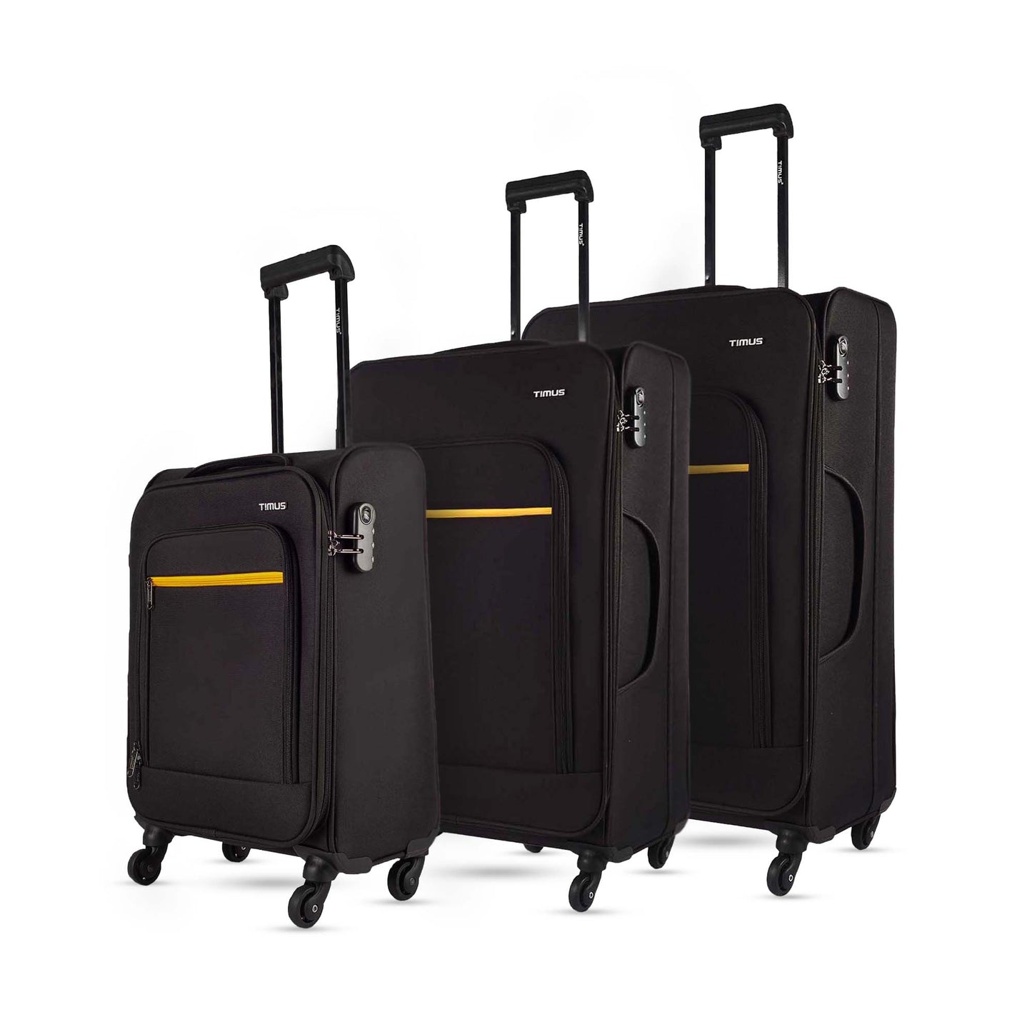 Side view of three-piece Nexon soft luggage set in black, showcasing depth, zippered compartments,TSA locks and trolley handle placement.