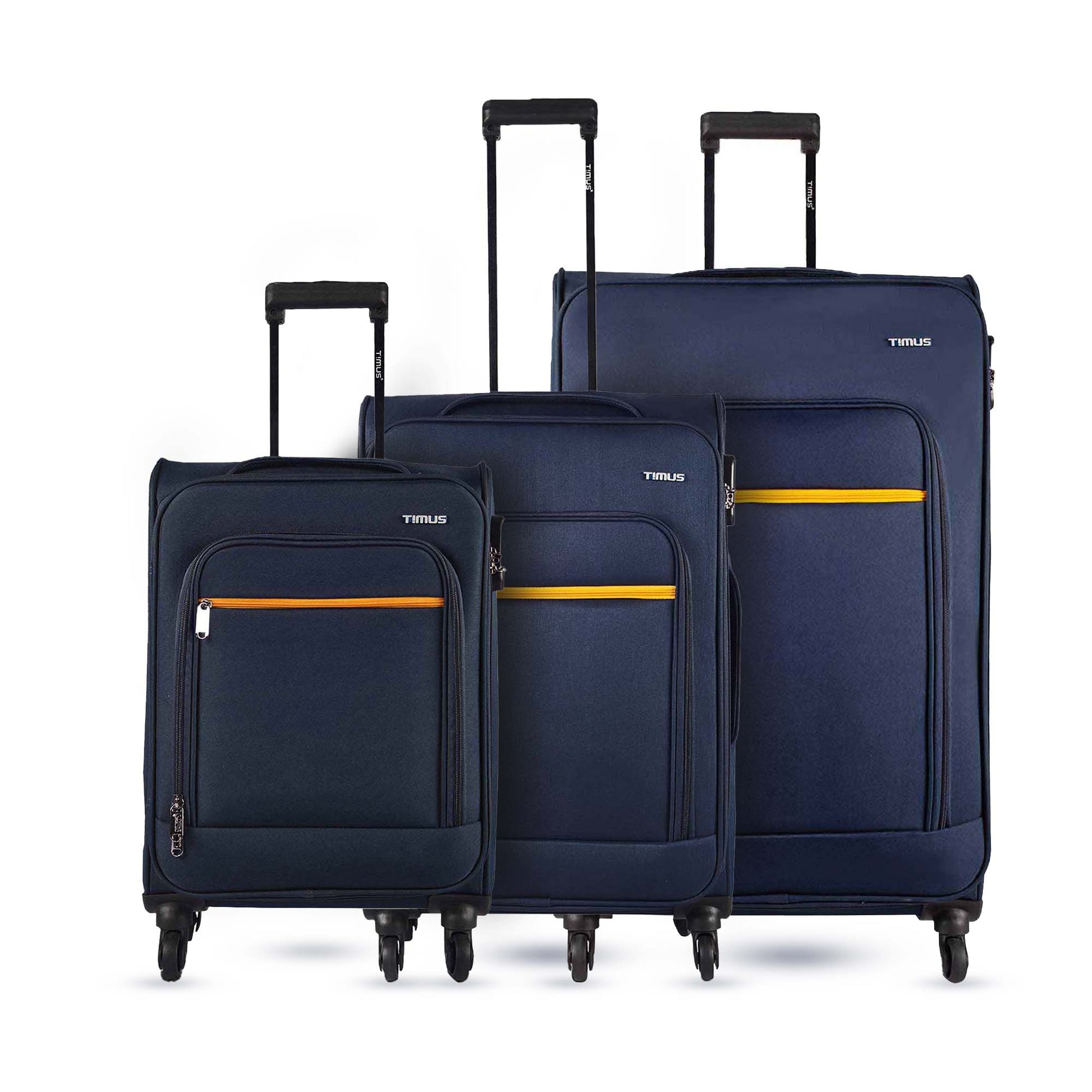 A set of three blue Nexon soft luggage bags in different sizes with yellow accents, featuring four wheels and a trolley handle.