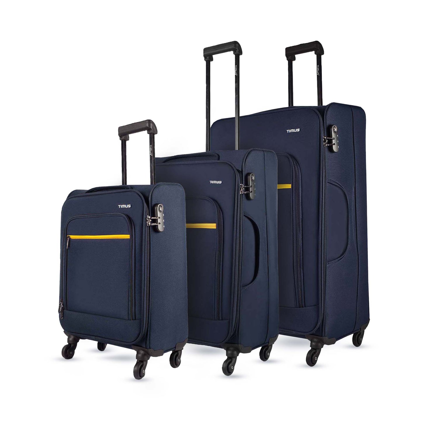 Side view of Nexon blue luggage set showing zippers, expanded trolley handles, combination locks, and 360-degree rotating wheels.