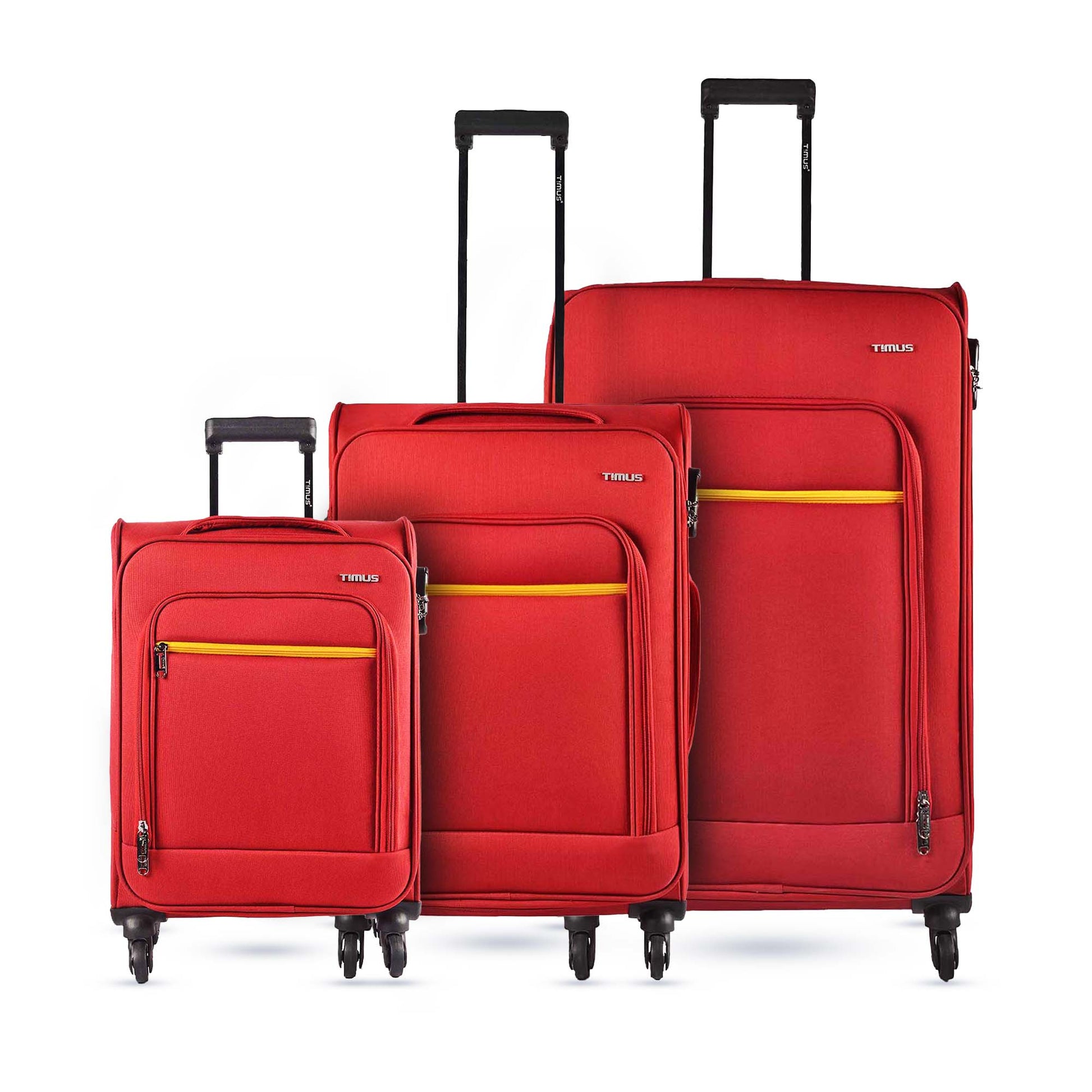 Nexon red 3-piece soft luggage set with front pockets, telescopic handles, and 360-degree spinner 4 wheels.