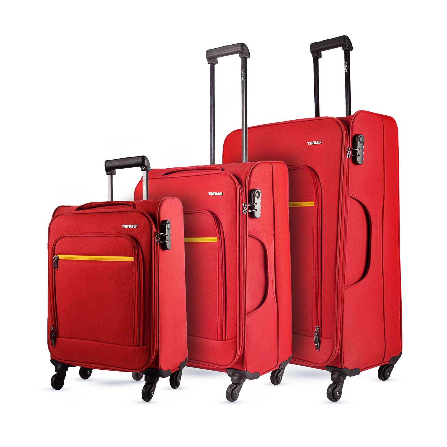 Side view of Nexon red 3-piece soft luggage combo showing sleek profile, smooth zippers, and 360-degree spinner wheels.