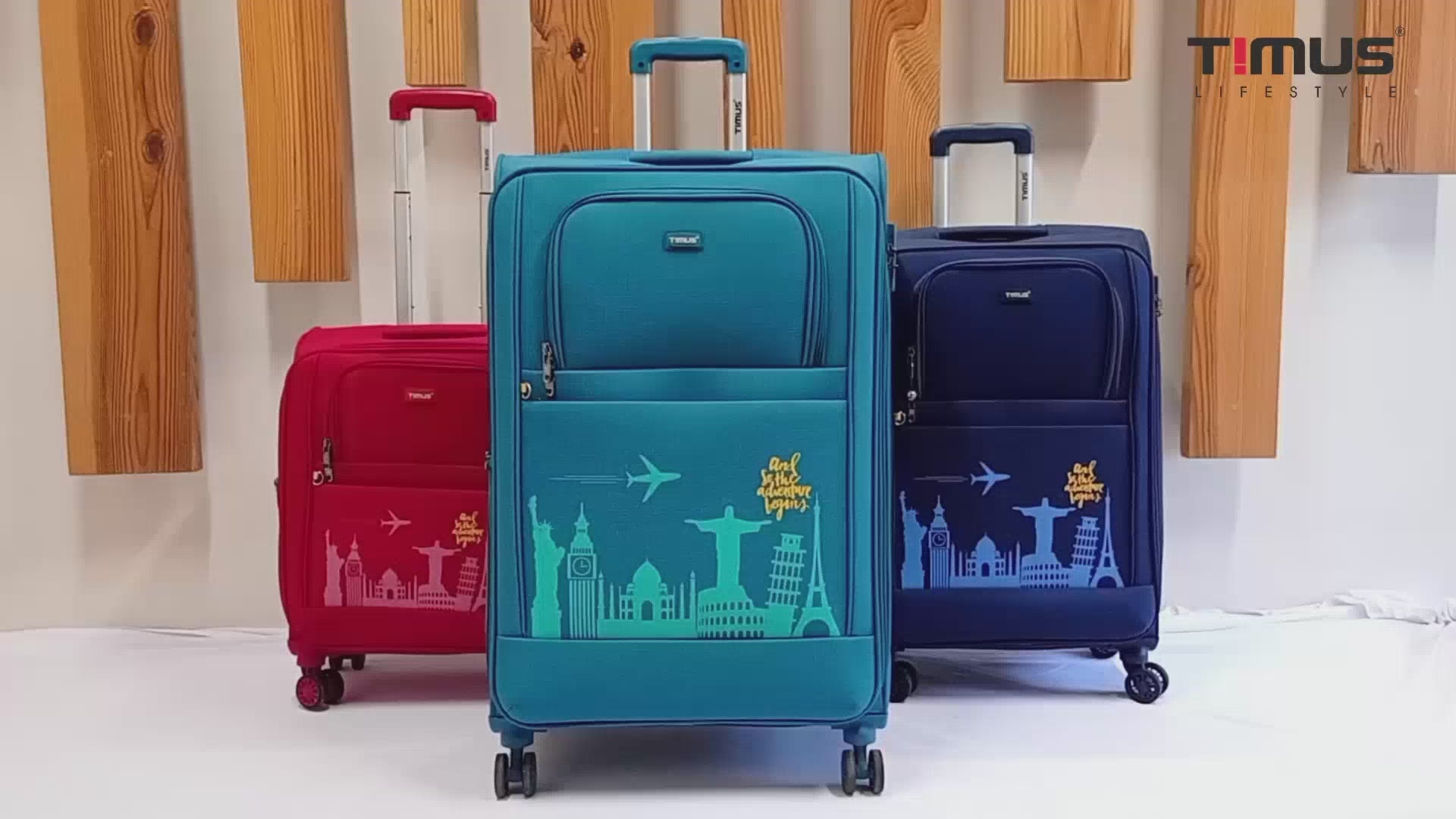Product video of the red Salsa Plus soft luggage set highlighting its features like 8 spinner wheels, TSA lock, telescopic handle, and spacious interior.