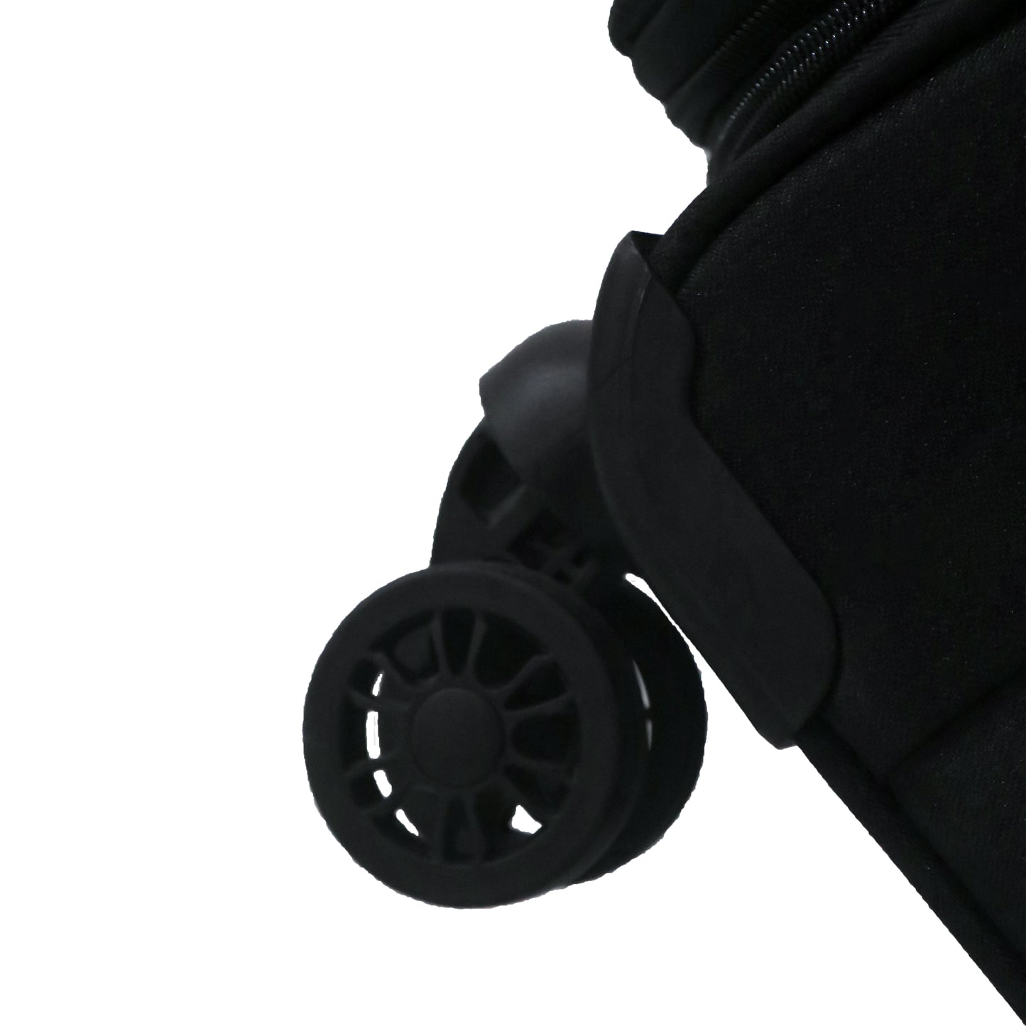 Close-up view of double spinner wheels on Salsa Plus black soft luggage, showing 360° rotation design for smooth and stable movement.