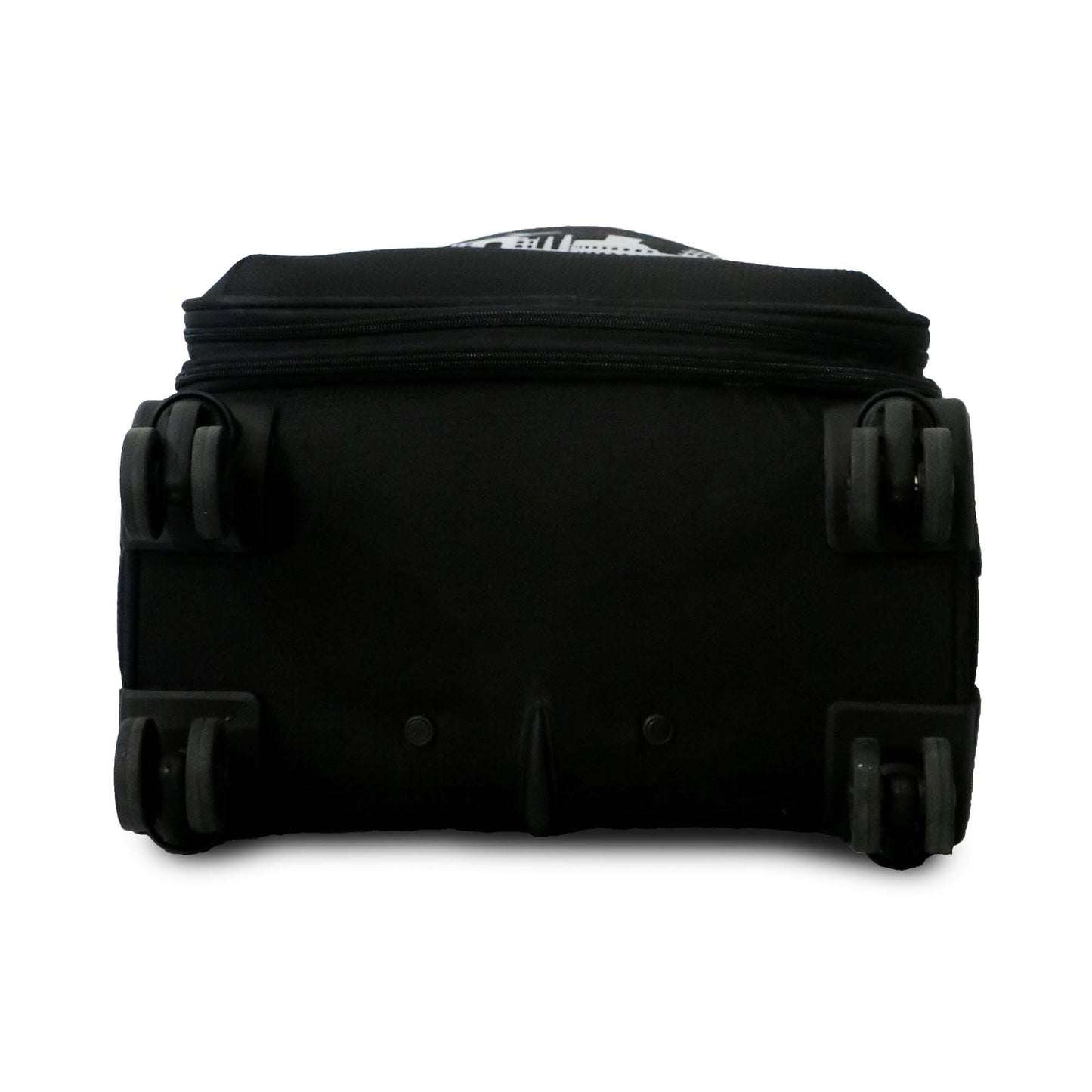 Bottom view of black Salsa Plus soft luggage showcasing sturdy spinner wheels and base support for smooth mobility.
