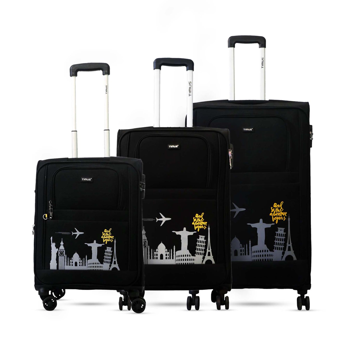 Set of three black soft luggage bags from Salsa Plus in 58 cm, 68 cm, and 78 cm sizes, featuring a premium fabric finish, skyline print, and sturdy trolley handles.