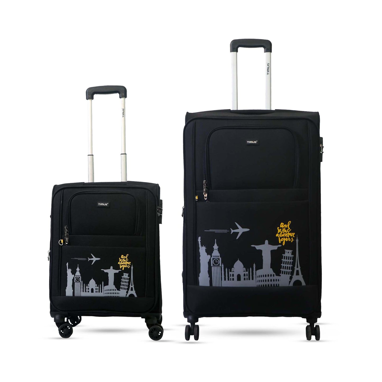 Salsa Plus black soft luggage combo in 58 cm and 78 cm sizes, featuring printed travel icons, extendable trolley handles, and durable 360-degree double wheels.