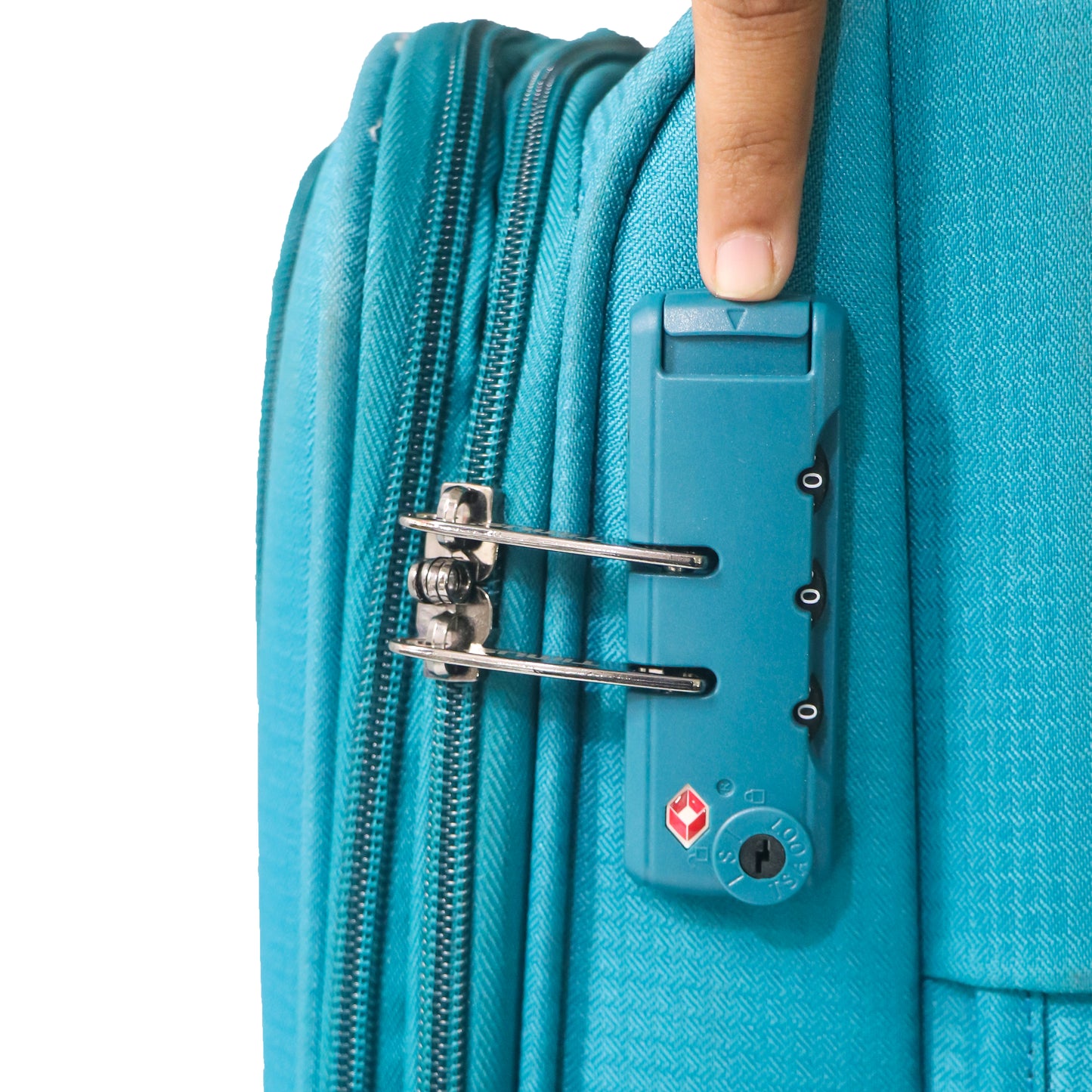 Close-up of TSA-approved lock on the blue Salsa Plus soft luggage, showing secure and travel-friendly locking system