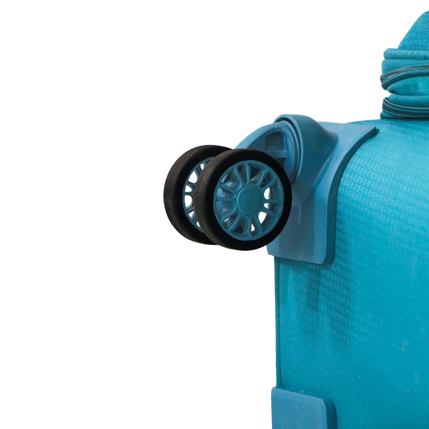 Close-up of double spinner wheels on blue Salsa Plus luggage for enhanced stability and smooth 360-degree movement.