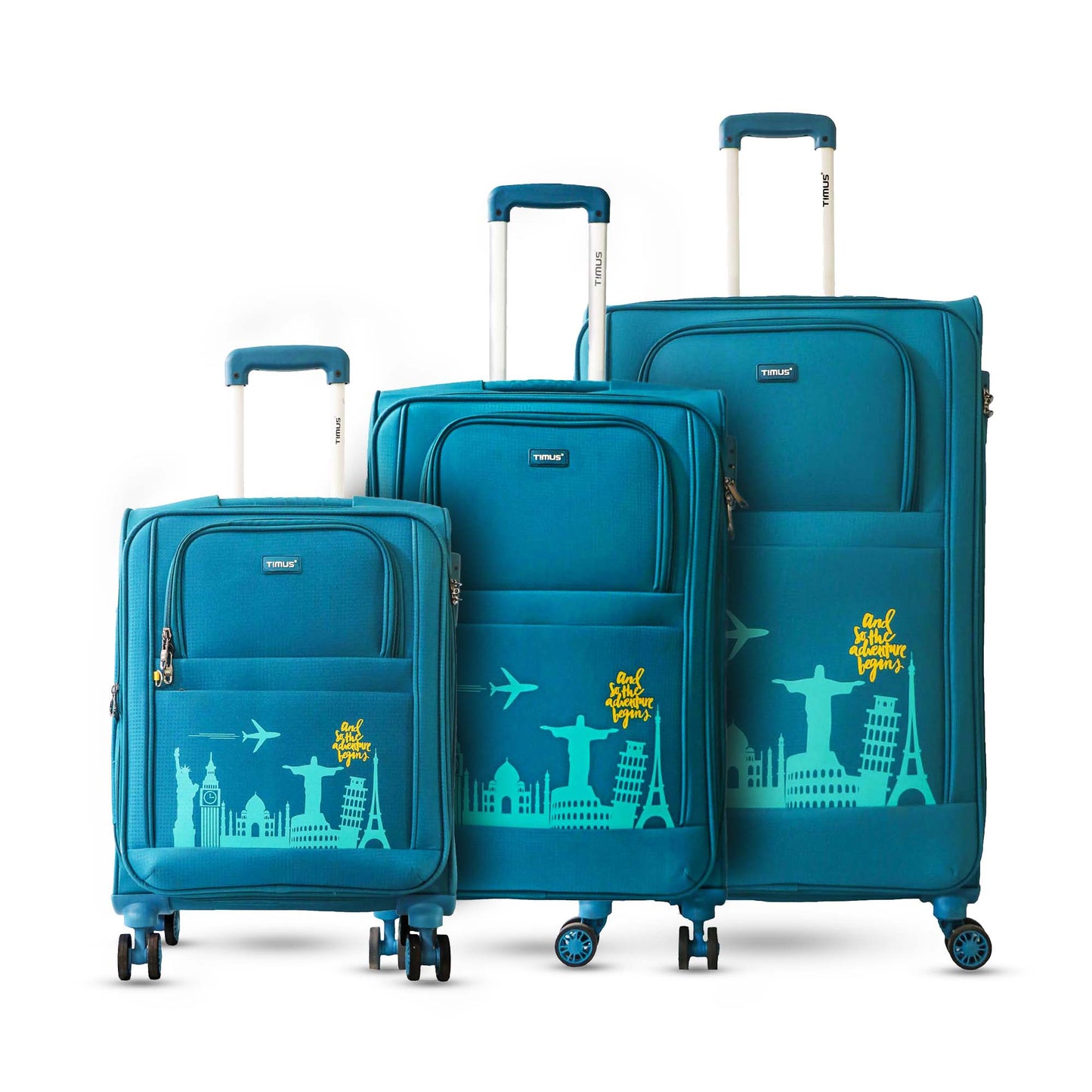 A set of three blue soft luggage suitcases with trolley handles, wheels, and TSA locks in 58 cm, 68 cm, and 78 cm sizes.