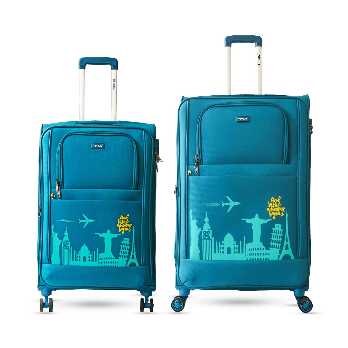 Two pieces of blue Salsa Plus soft luggage in 68 cm and 78 cm sizes, designed with travel-themed graphics, spinner wheels, TSA locks, and push-button trolley handles.