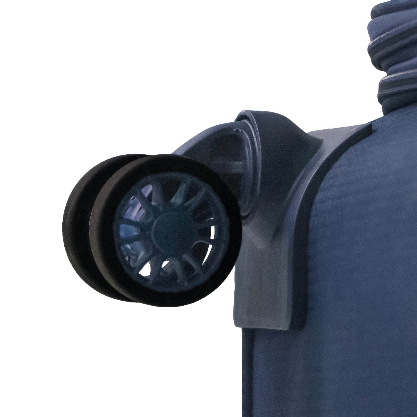 orner close-up of navy blue Salsa Plus luggage showing one wheel from the double 360-degree spinner wheel system for smooth and multi-directional movement.