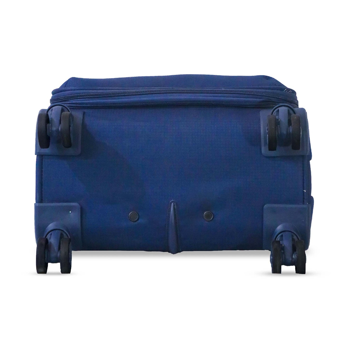 Bottom view of navy blue Salsa Plus luggage highlighting all 8 spinner wheels designed for 360-degree smooth mobility and balanced support.