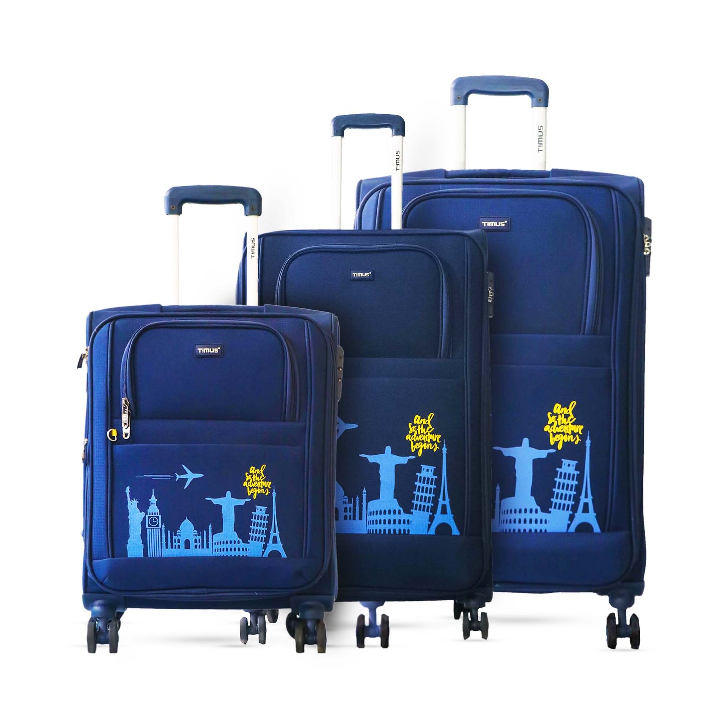 Set of three navy blue soft luggage bags from the Salsa Plus series in 58 cm, 68 cm, and 78 cm sizes with front view, showcasing Timus logo, trolley handles, 360° spinner wheels.