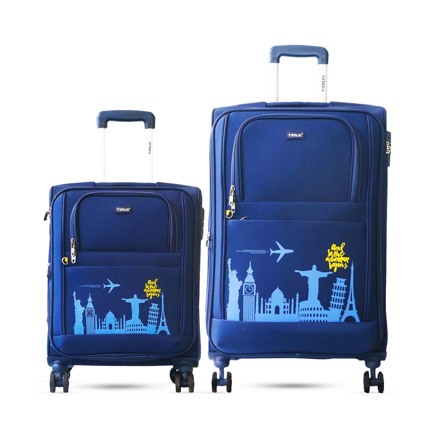 Salsa Plus navy blue soft luggage combo in 58 cm and 78 cm sizes, with bold travel icon prints, telescopic trolley handles, and smooth 360-degree spinner wheels.
