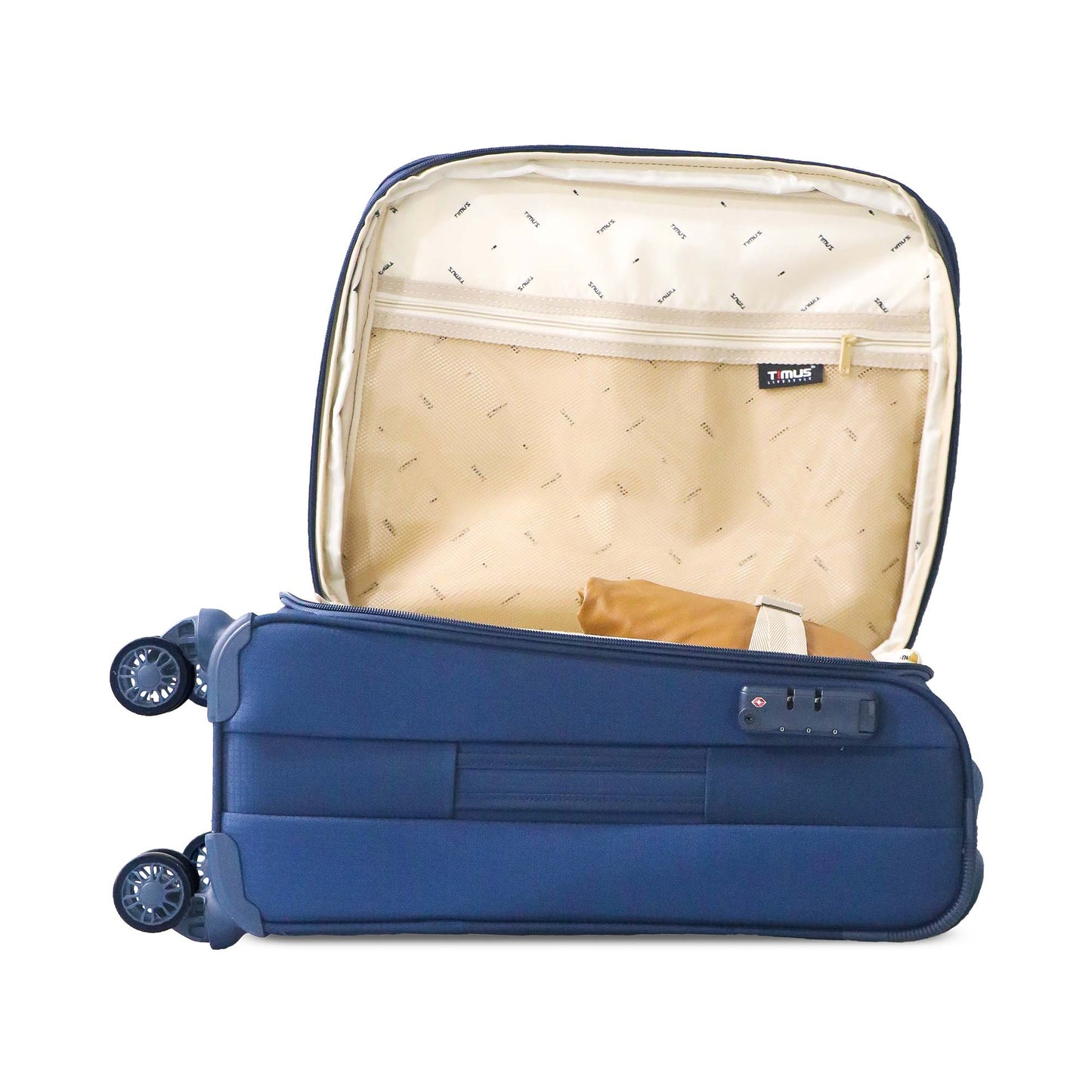 Navy blue Salsa Plus luggage in open sleep view, displaying the spacious single-compartment interior with securing straps and internal zipper pocket.