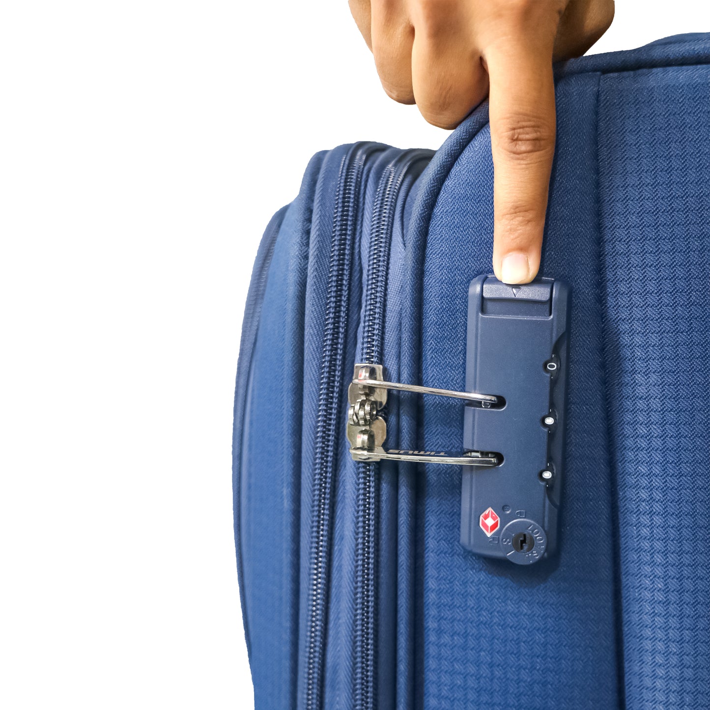 Close-up view of the TSA-approved lock on navy blue Salsa Plus luggage, offering secure and travel-compliant locking for international trips.