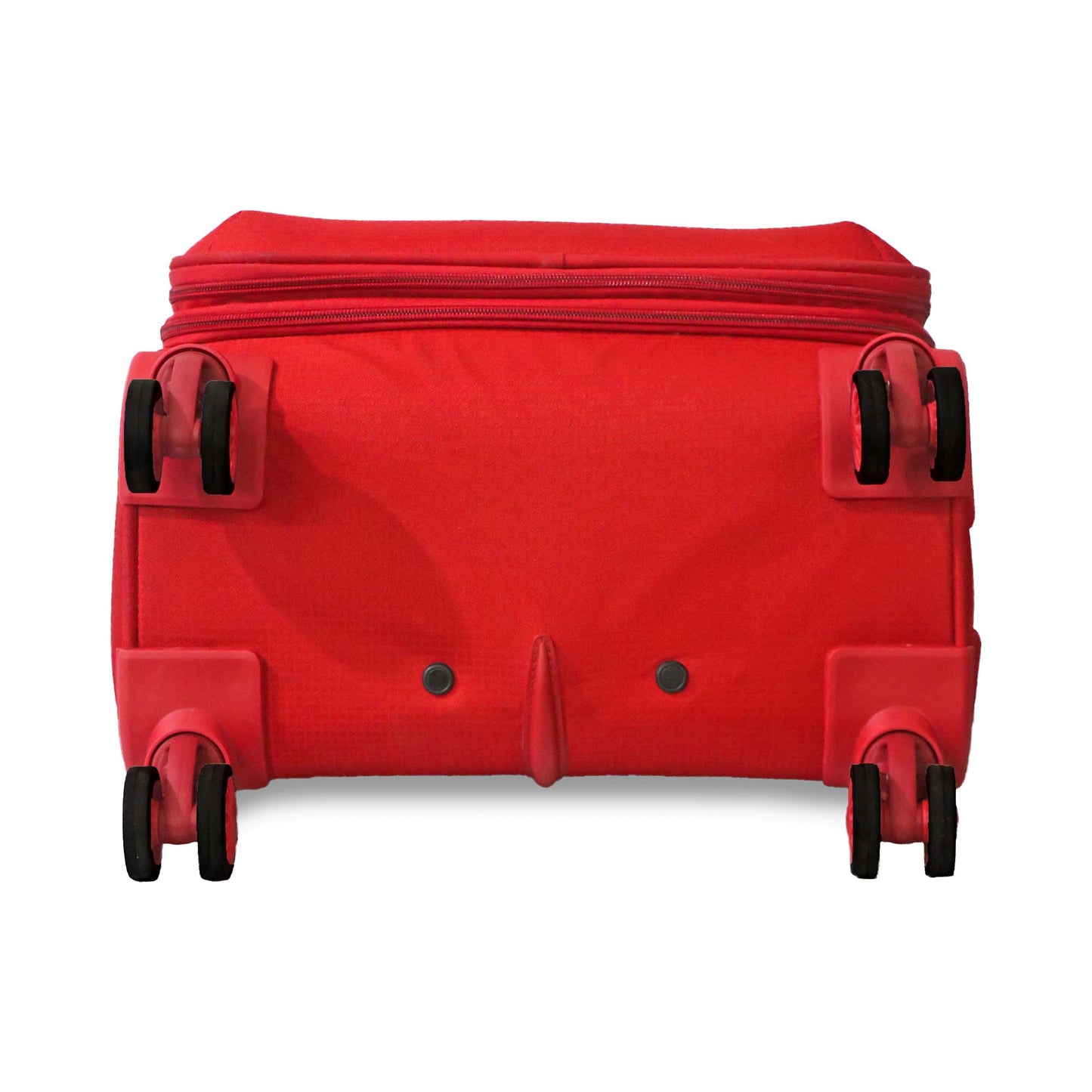 Bottom view of the red Salsa Plus soft luggage showing all 8 spinner wheels for 360° movement and smooth rolling.