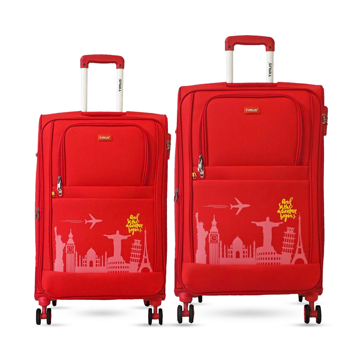 Two pieces of red Salsa Plus soft luggage in 68 cm and 78 cm sizes, featuring cityscape and airplane-themed graphics, TSA locks, spinner wheels, and trolley handles.