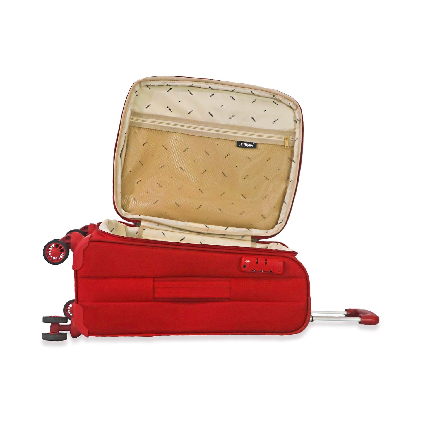 Flat open sleep view of the red Salsa Plus soft luggage showing the main packing compartment with internal straps and a zippered mesh pocket.