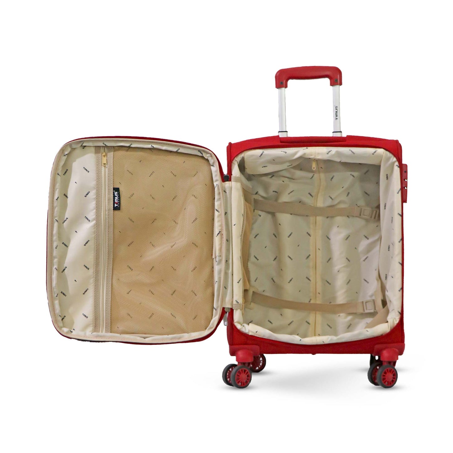 Open view of the red Salsa Plus luggage showcasing the spacious interior with zippered compartments and organized packing space.