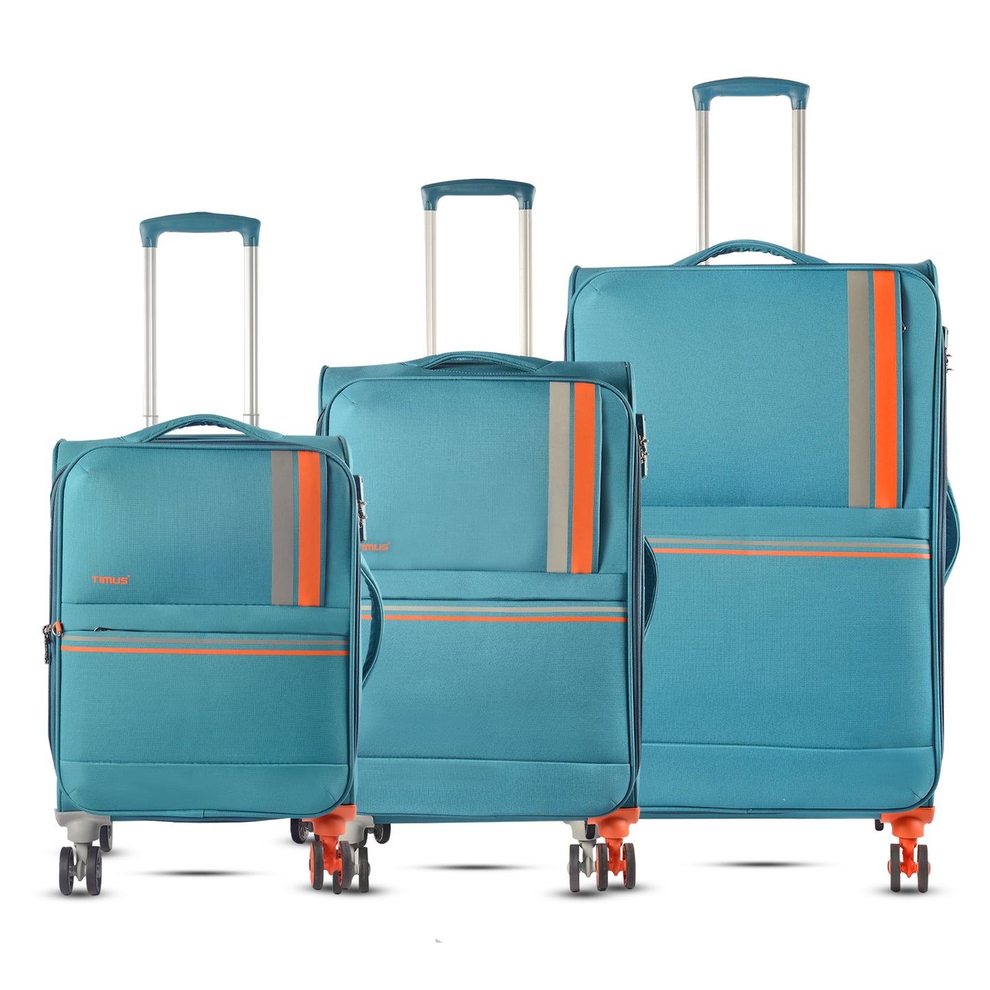 Front view of 3-piece Sportive soft luggage set in blue (58cm, 68cm, 78cm) with orange accents and a unique dual-tone wheel.