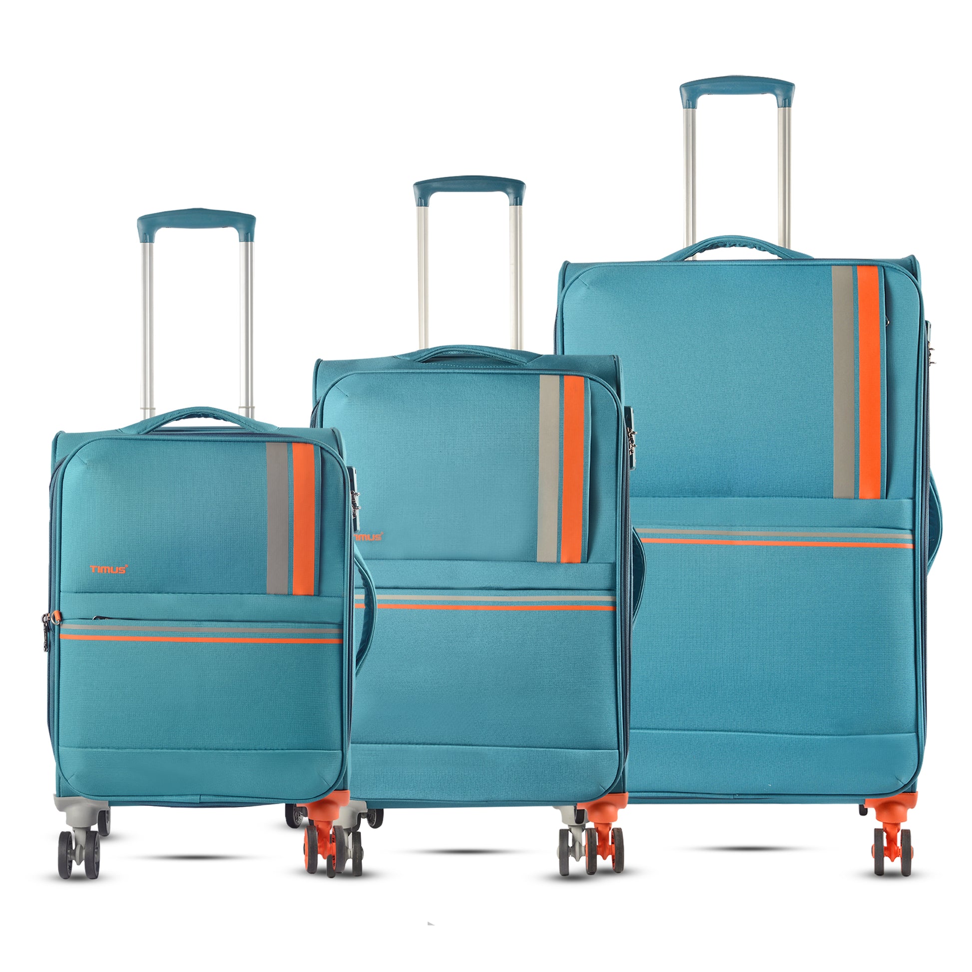 Front view of 3-piece Sportive soft luggage set in blue (58cm, 68cm, 78cm) with orange accents and a unique dual-tone wheel.