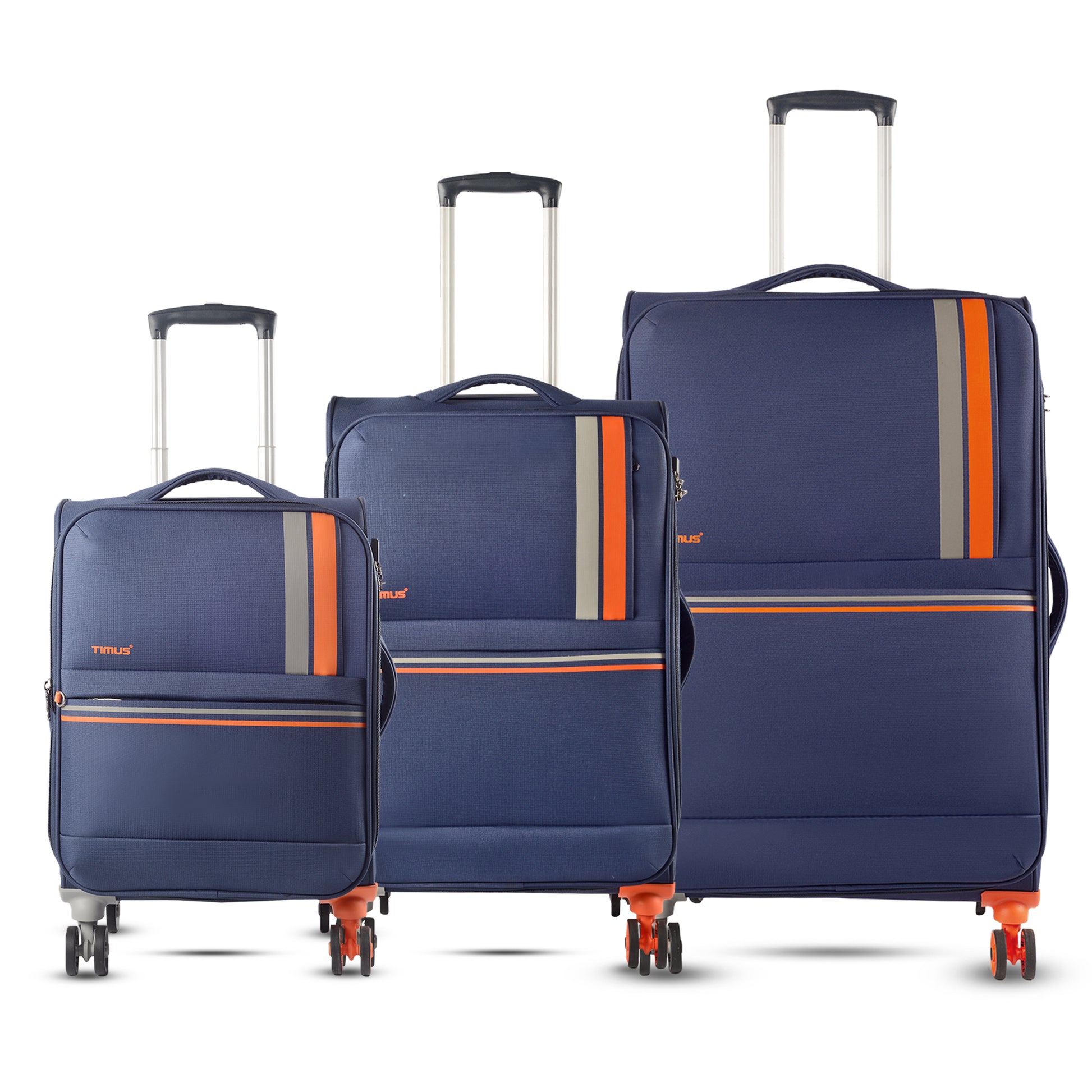 Front view of Sportive soft luggage set in navy blue colour (58 cm, 68 cm, 78 cm), showing contrast double wheels and sleek travel-ready design.