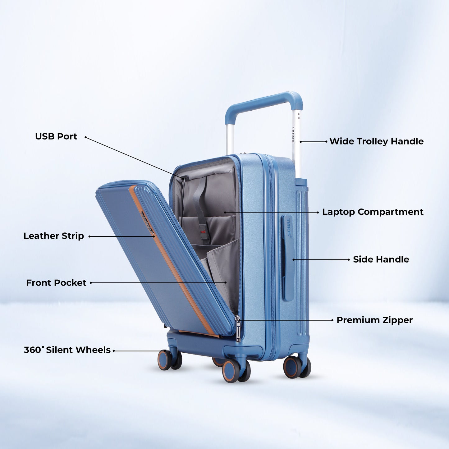 Timus Starlite blue cabin trolley showing key features including USB port, laptop compartment, 360° silent wheels, leather strip, wide trolley handle, premium zipper and front pocket.