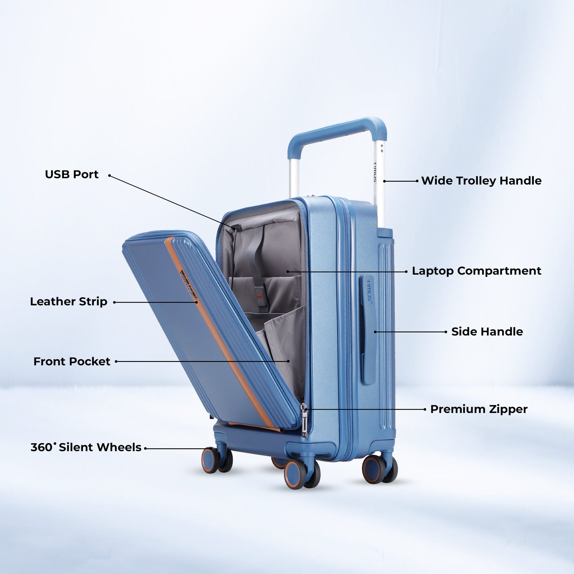 Timus Starlite blue cabin trolley showing key features including USB port, laptop compartment, 360° silent wheels, leather strip, wide trolley handle, premium zipper and front pocket.