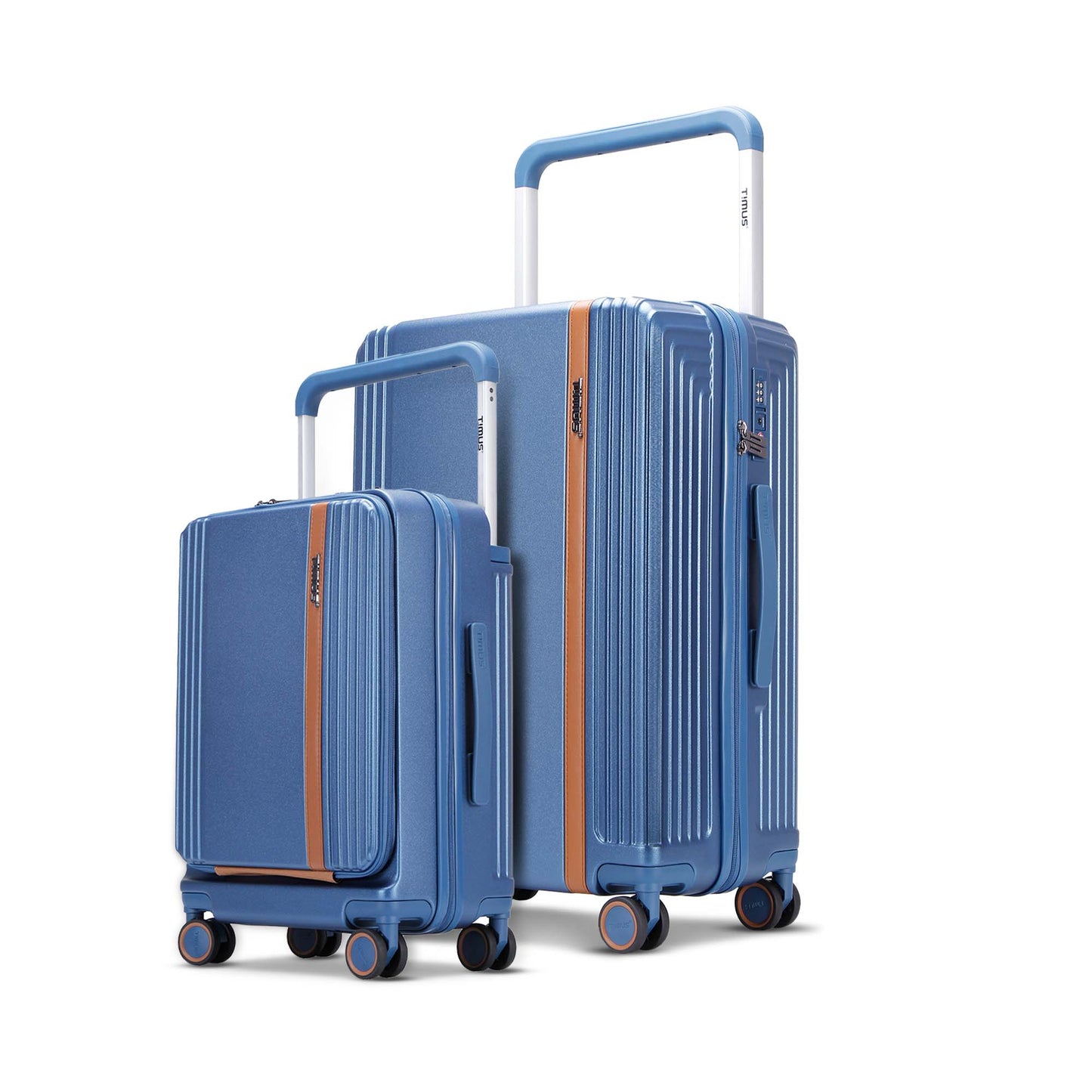 Starlite blue 2-piece luggage set with 58cm cabin-size luggage featuring a front laptop compartment and 78cm large check-in luggage, both with wide trolley handles and 360° spinner wheels.