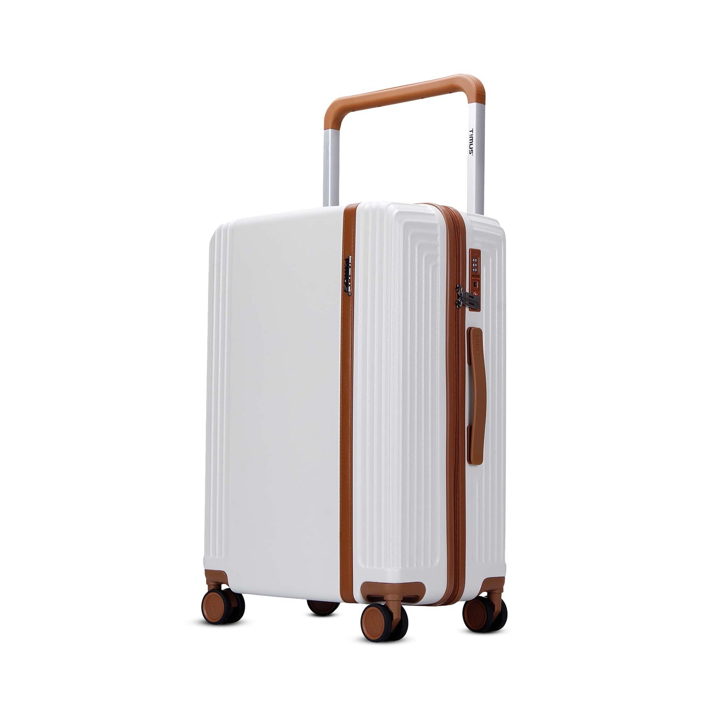 Left angled view of Starlite ivory luggage featuring brown telescopic handle, TSA lock, side handle, and dual spinner wheels.