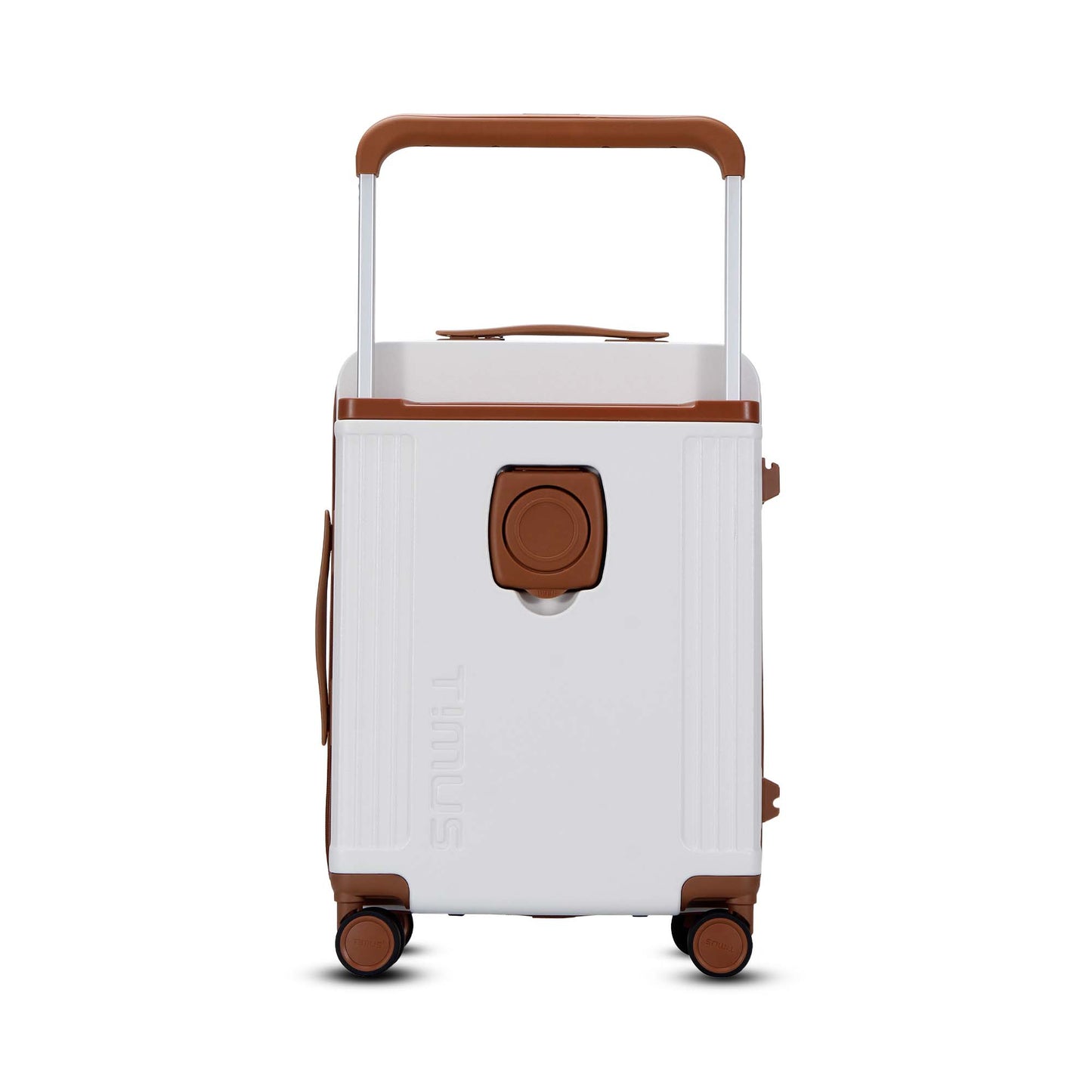 Backside view of Timus ivory colored Starlite hard trolley showing the unique wide-set trolley handle, external bottle holder, and smooth shell finish.