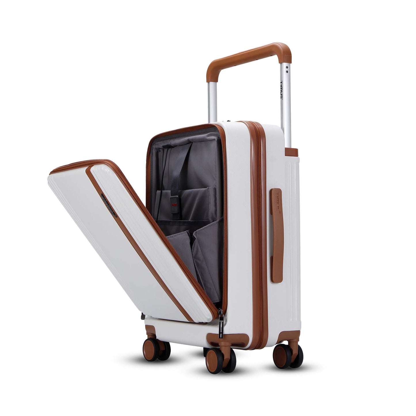 Front open view of Timus' ivory-colored Starlite hard luggage in standing position, displaying the dedicated laptop compartment with organized sleeves for tech accessories, ideal for business travel.