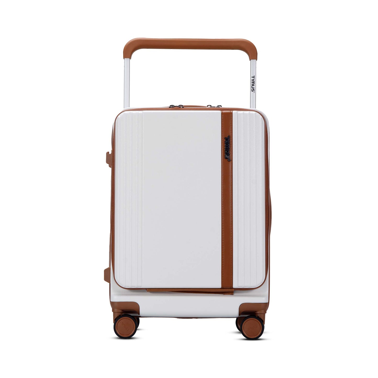 Front view of Timus Starlite ivory hard luggage featuring a sleek external laptop compartment and dual-tone wide trolley handle.