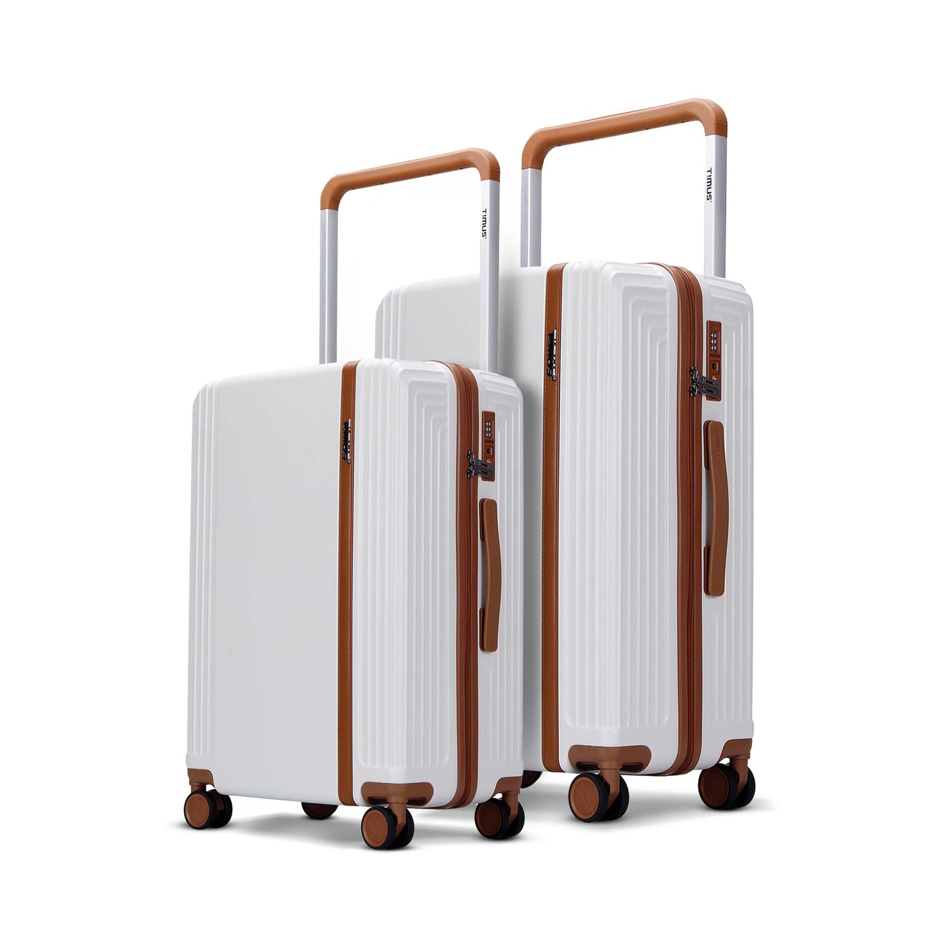 Starlite ivory 2-piece luggage set with 68cm medium and 78cm large check-in luggage, both featuring wide trolley handles, leather accent strip, and 360° spinner wheels